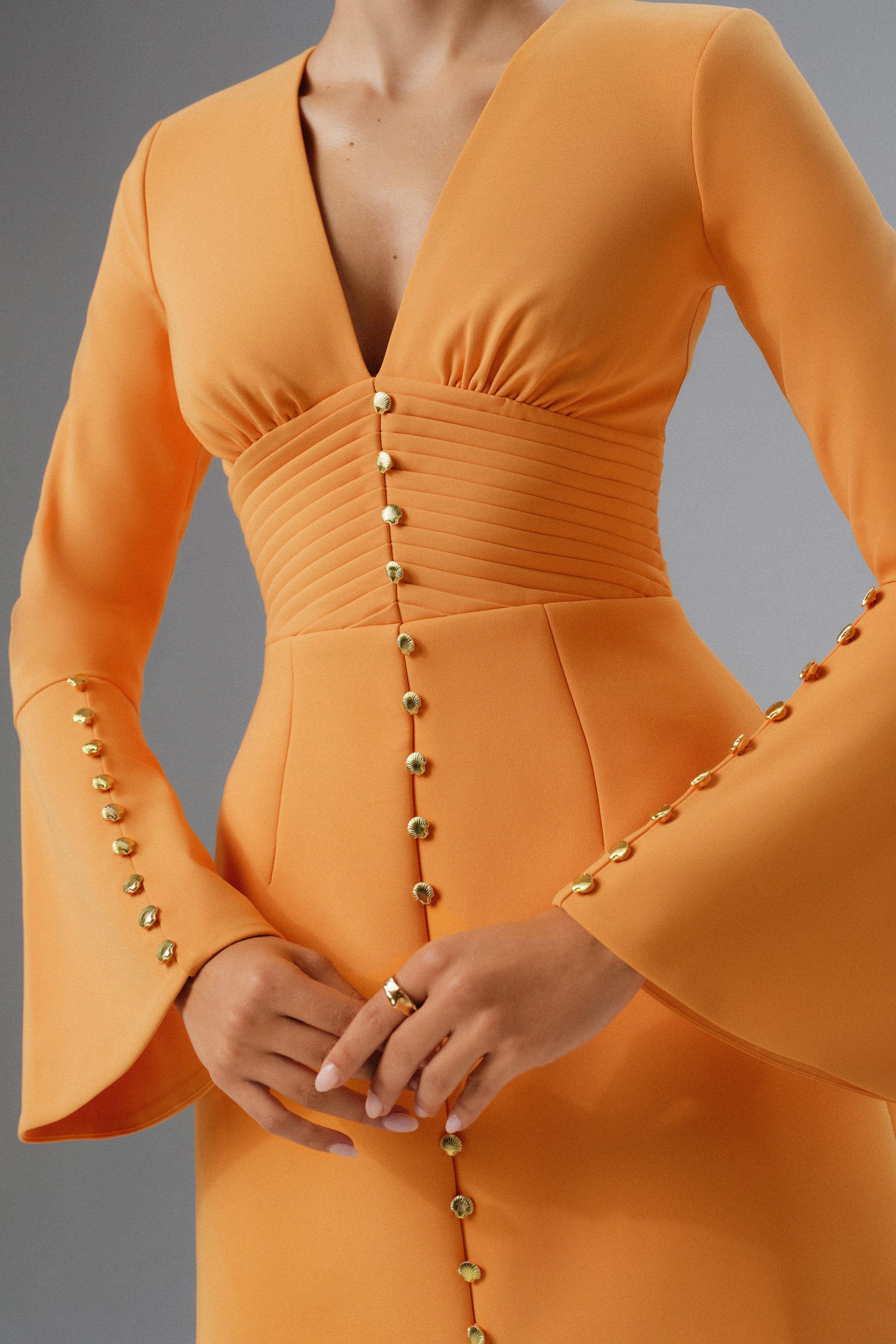 PRE-ORDER LARA Fluted Sleeve Micro Button Mini Dress in Orange