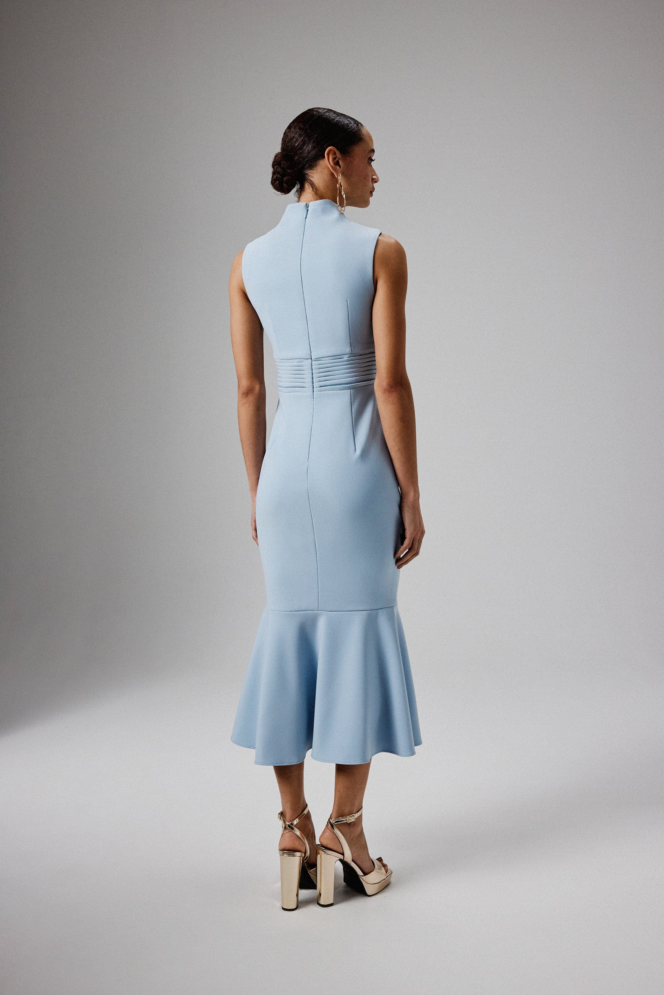 SAFFRON High Neck Micro Shell Button Midi Dress in Blue