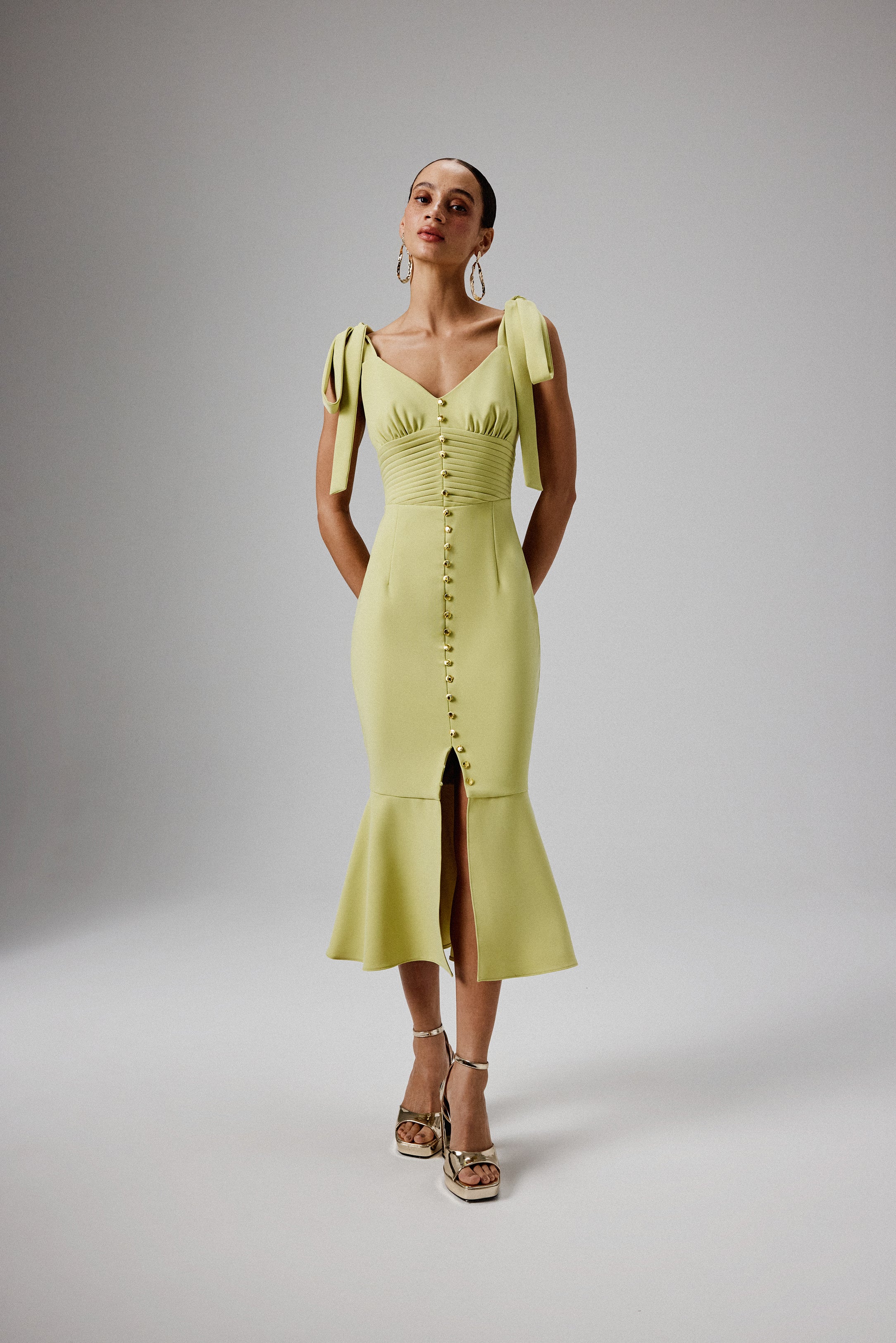 KAMILA Tie Strap Micro Shell Button Midi Dress in Lime Green