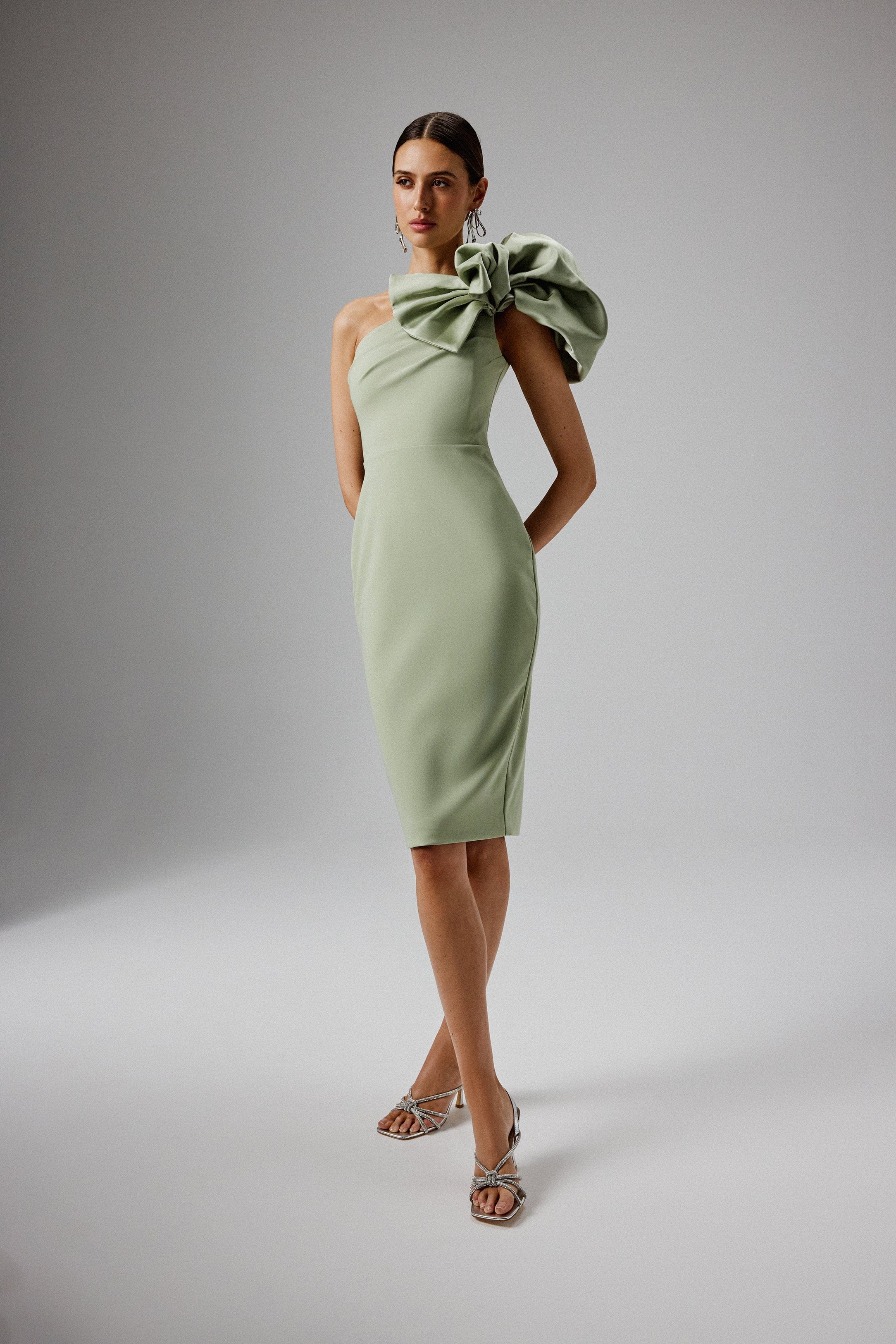 TAYTE One Shoulder Detail Midi Dress in Sage Green