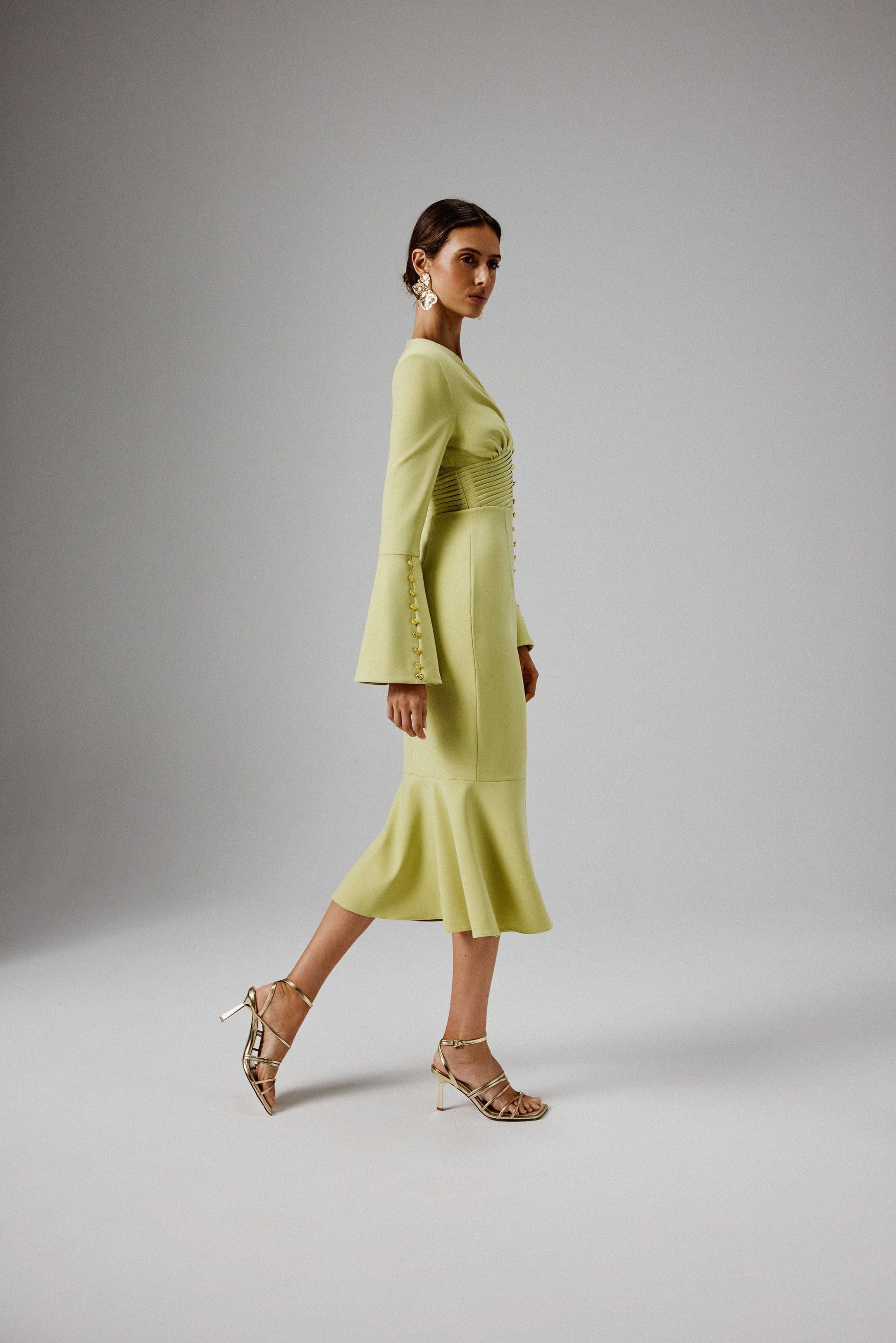 SALMA Fluted Sleeve Micro Shell Button Midi Dress in Lime Green