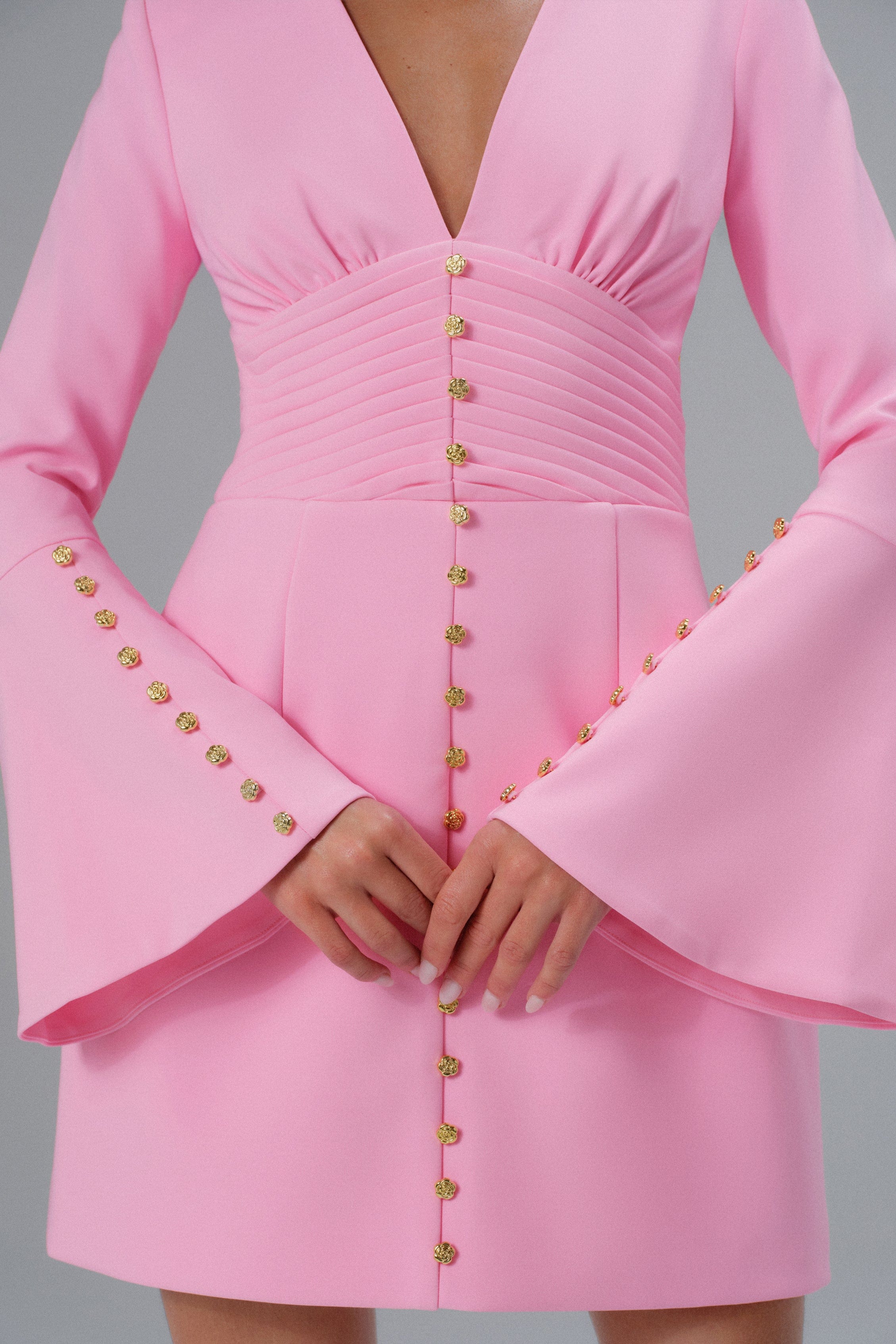 PRE-ORDER LARA Fluted Sleeve Micro Shell Button Mini Dress in Pink