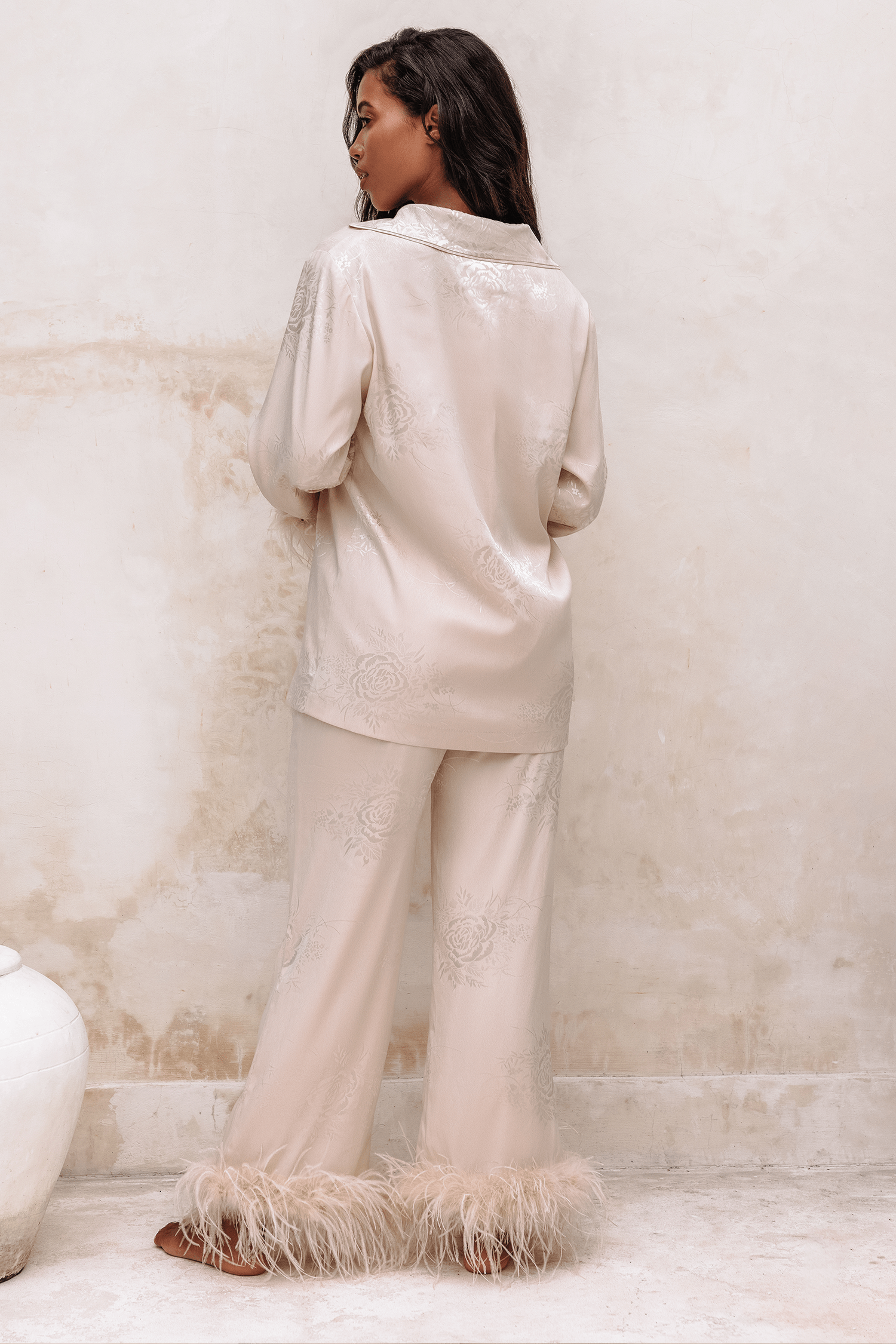 ADRIANA Feather Trim Satin Jacquard Pyjama In Champagne