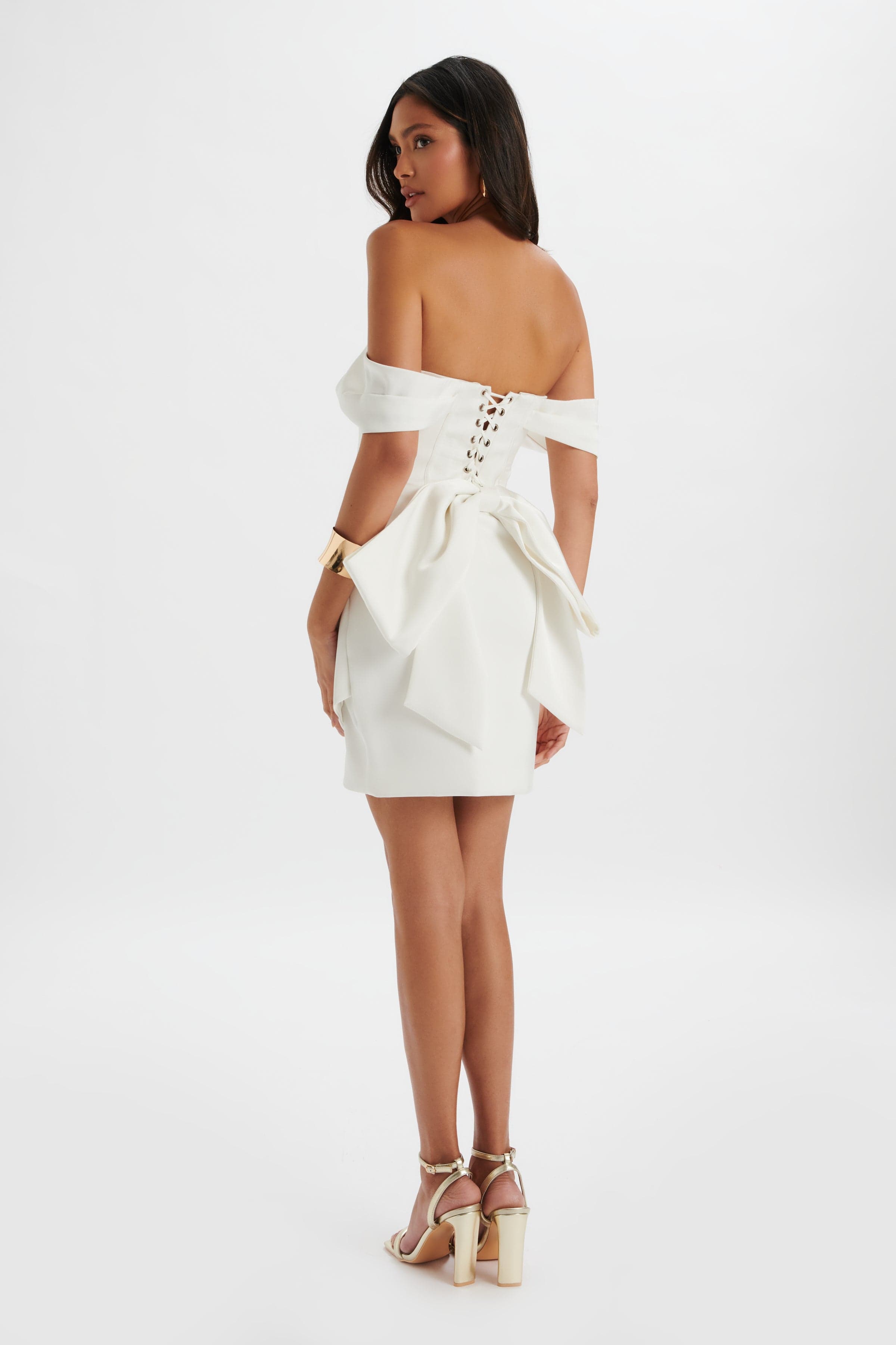 **PRE-ORDER** GEORGIE Satin Off Shoulder Lace Up Mini Dress in White