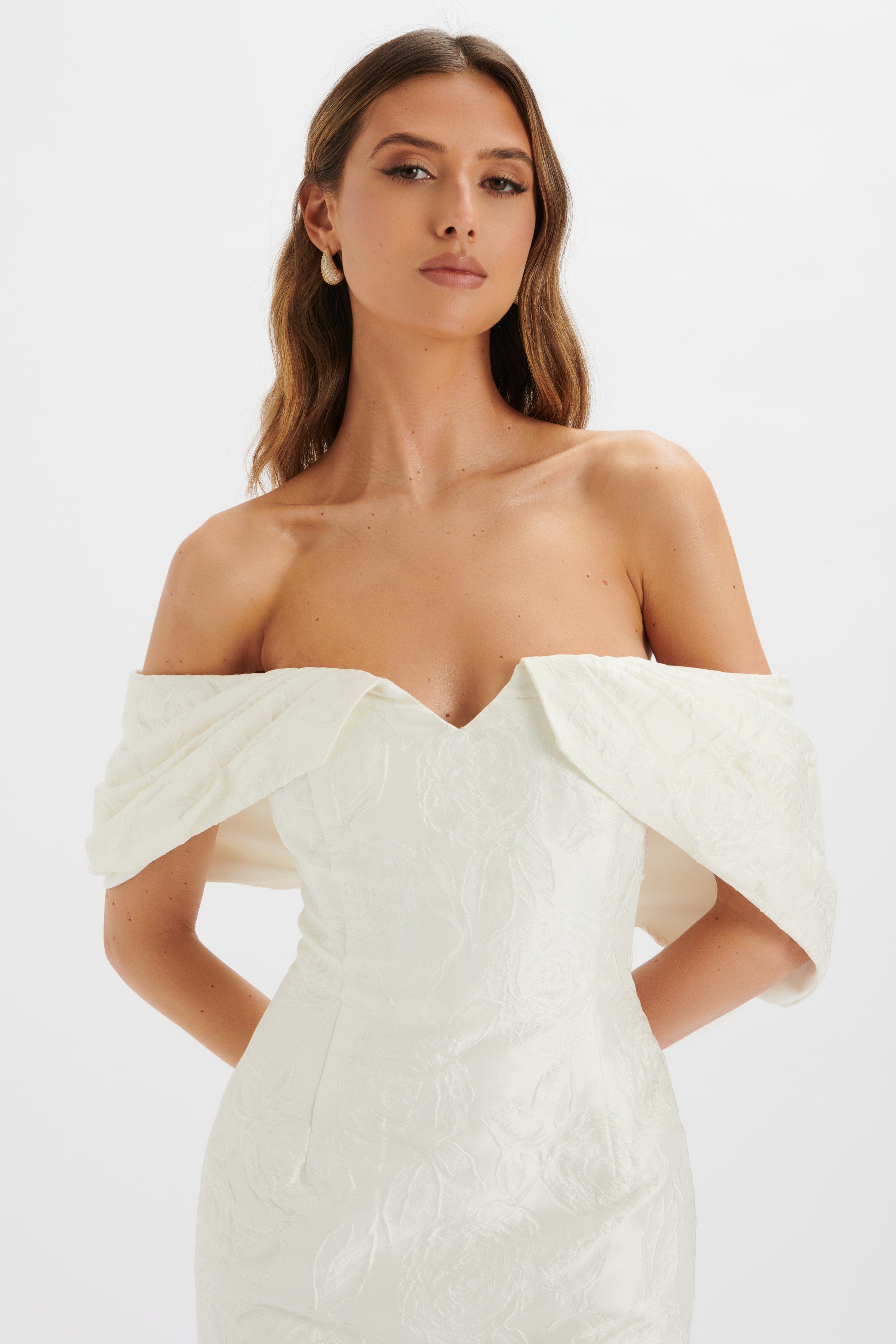 KATELYNN Bardot Mini Dress with Puff Sleeve in White Jacquard