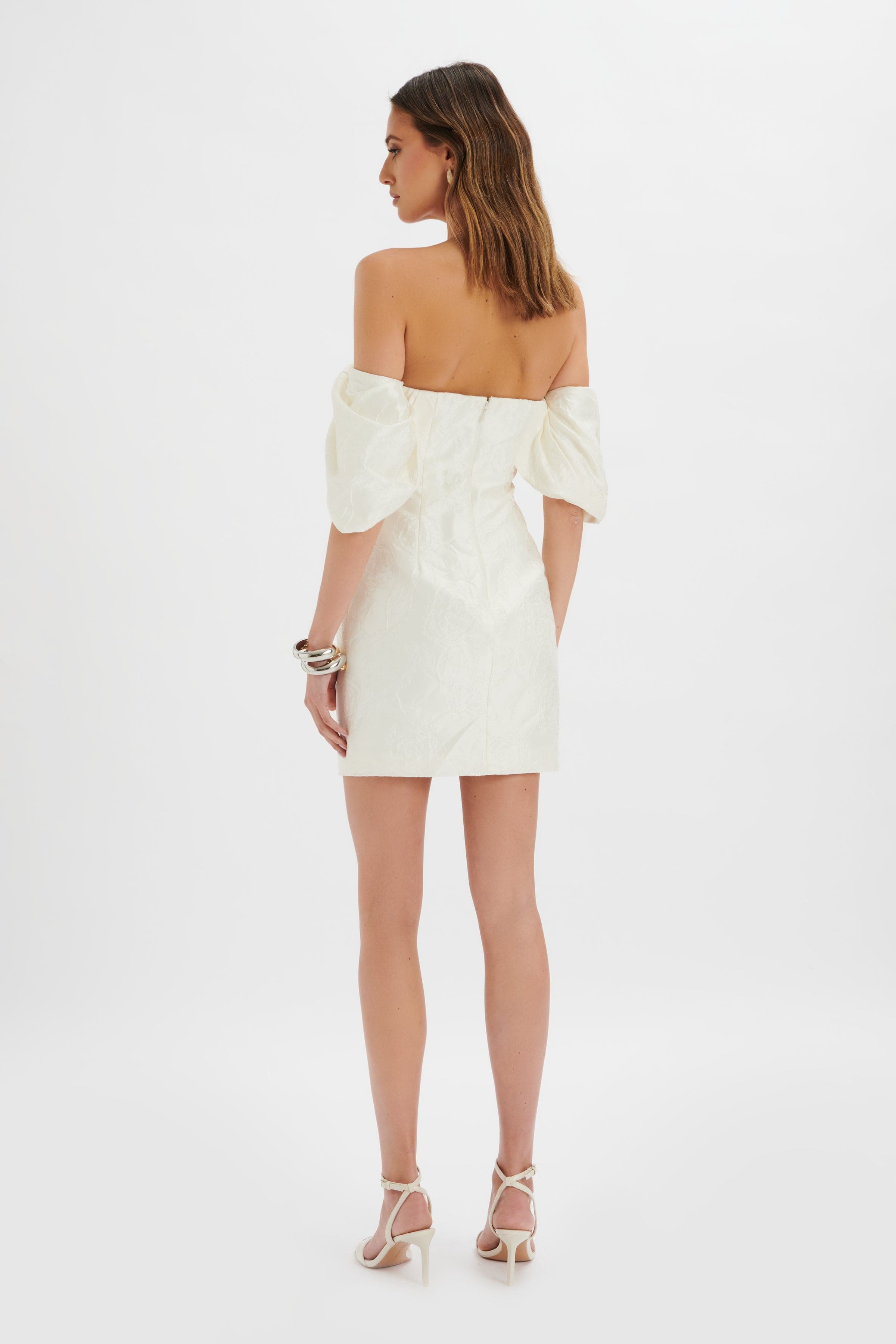 KATELYNN Bardot Mini Dress with Puff Sleeve in White Jacquard