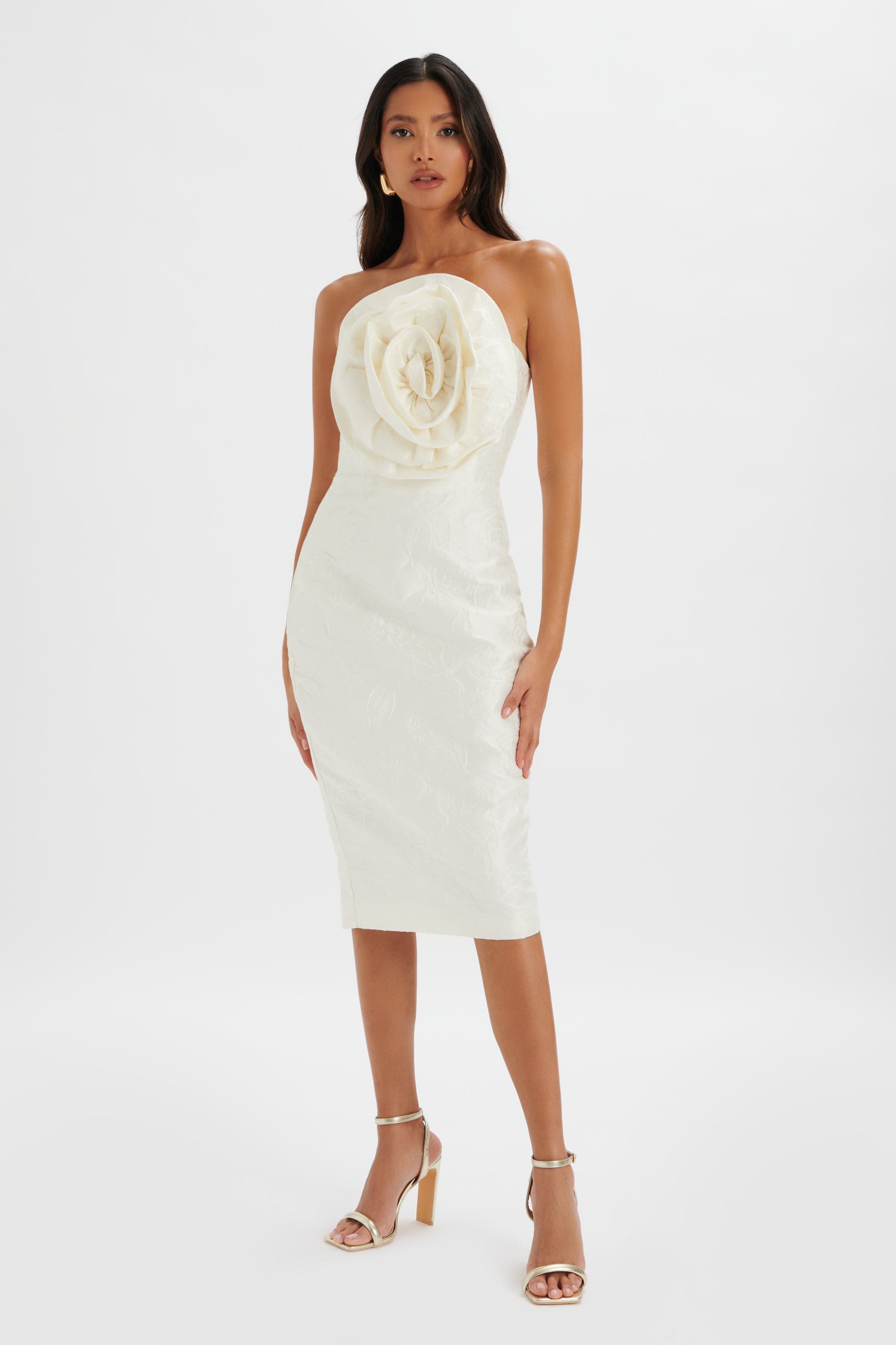 MONTANA 3D Flower Bandeau Dress in White Jacquard