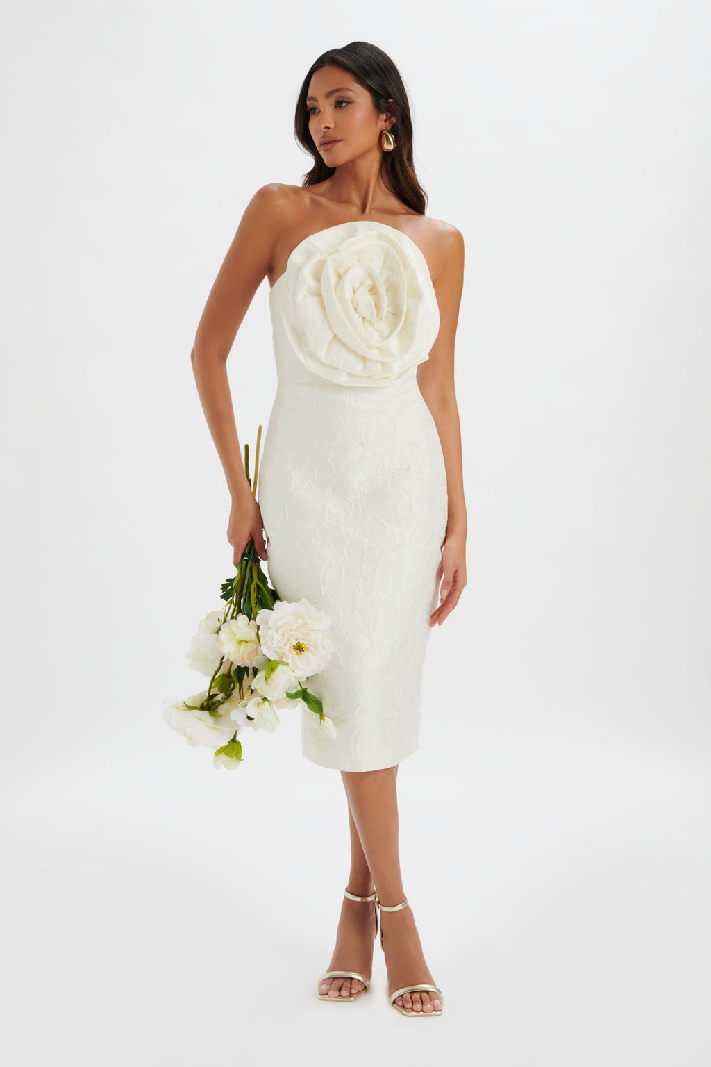 MONTANA 3D Flower Bandeau Midi Dress in White Jacquard MONTANA 3D Flower Bandeau Midi Dress in White Jacquard