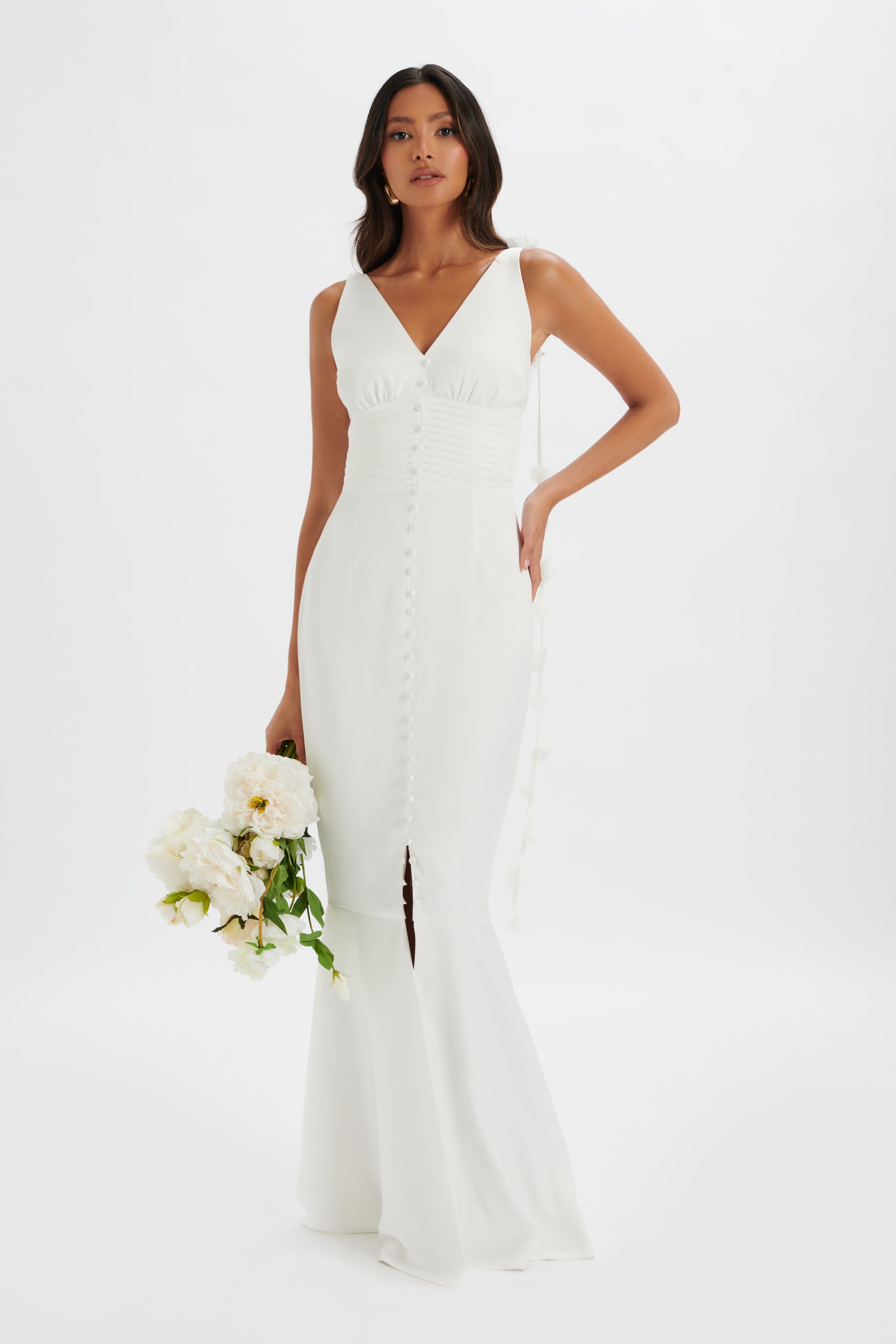 NOVIE Floral Strap Satin Fit and Flare Maxi Dress in Ivory