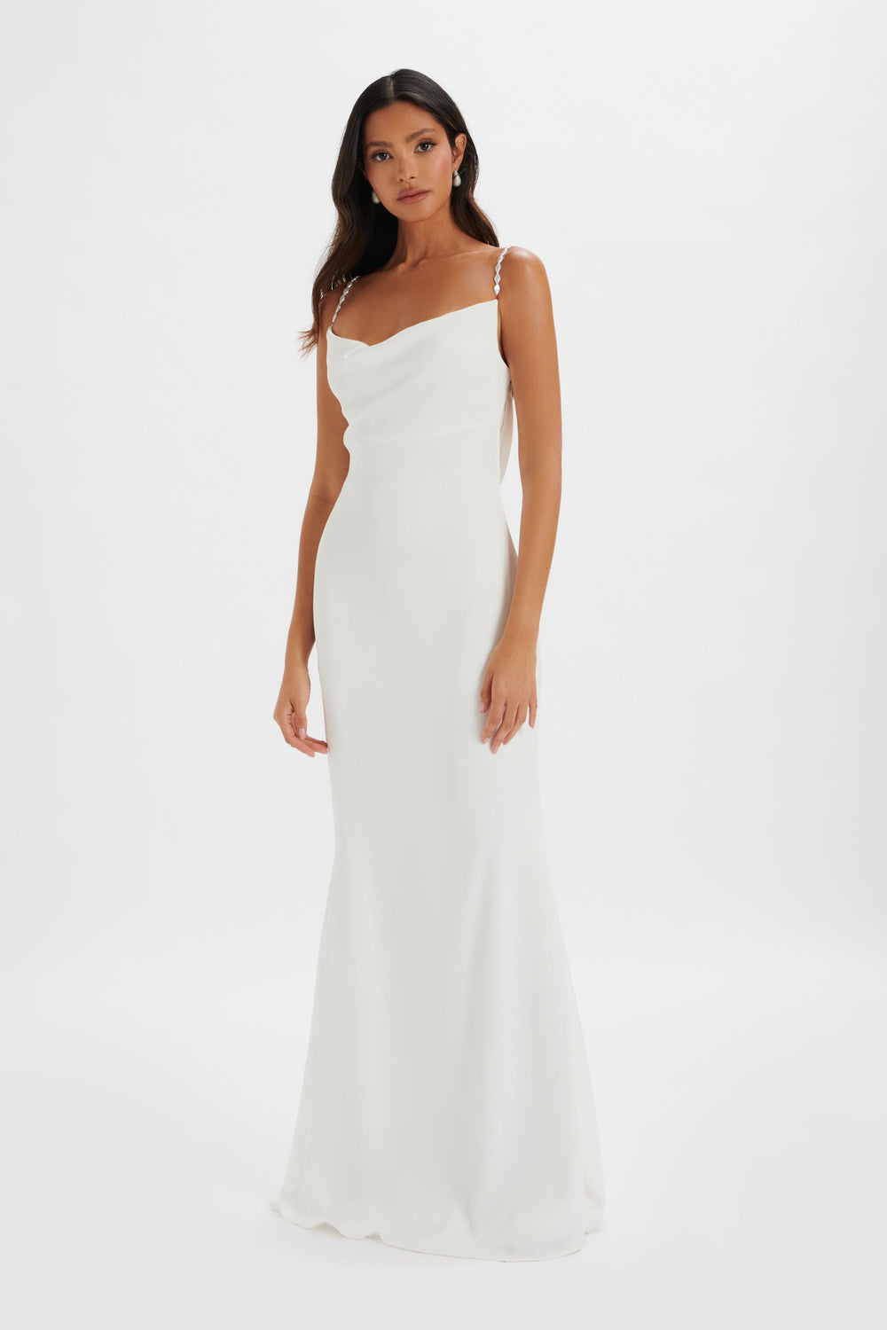 DANI Cowl Neck Satin Maxi Dress with Pearl Straps in White