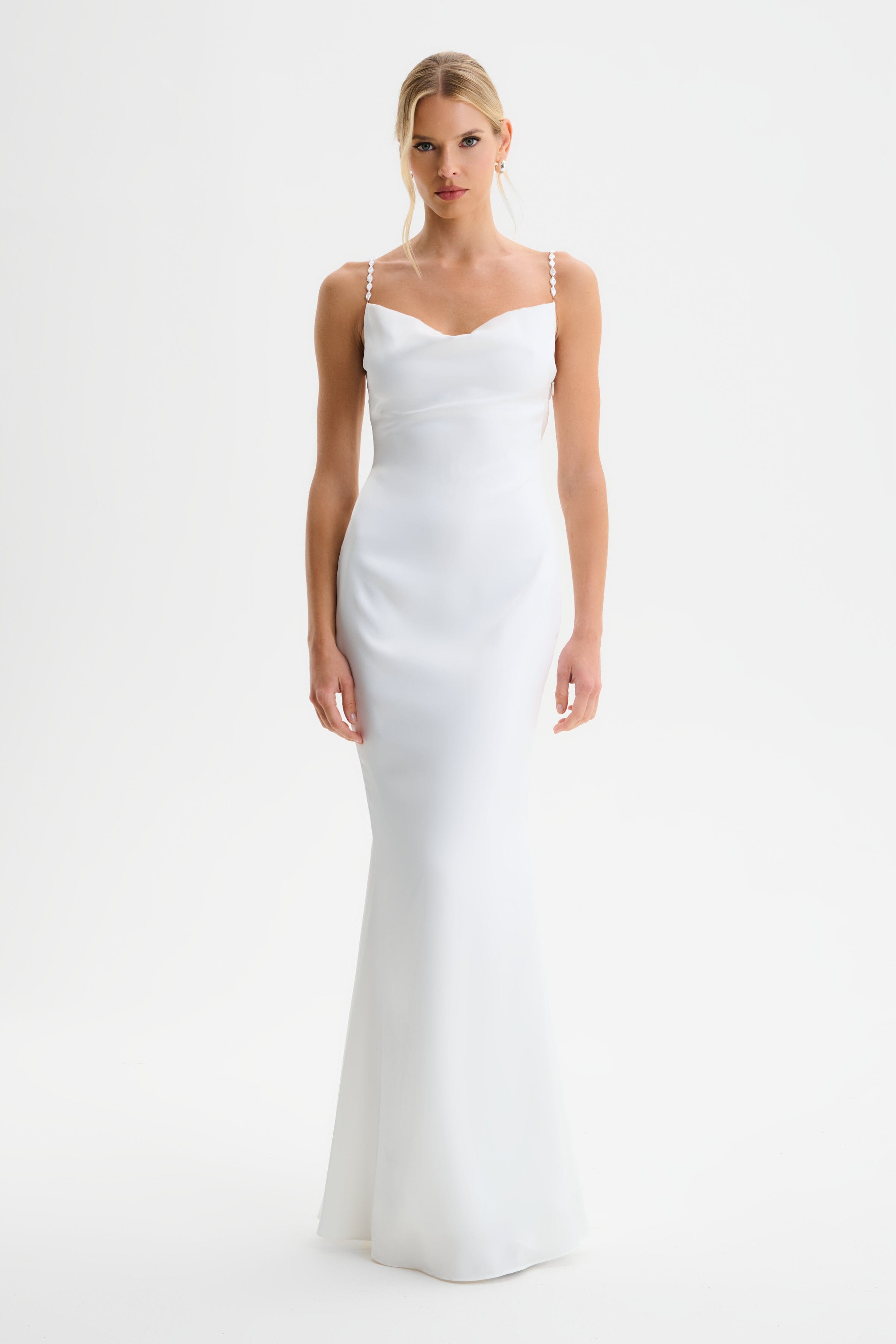 DANI Cowl Neck Satin Maxi Dress with Pearl Straps in White