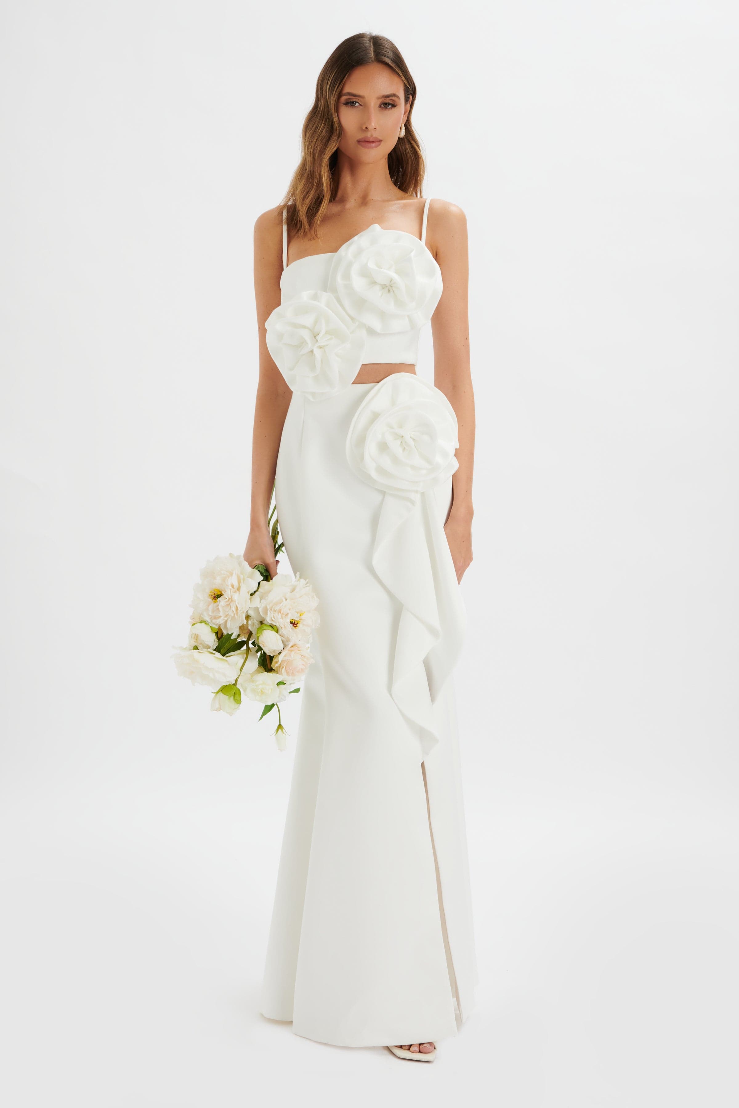 FLEUR Statement 3D Floral Satin Maxi Dress in White