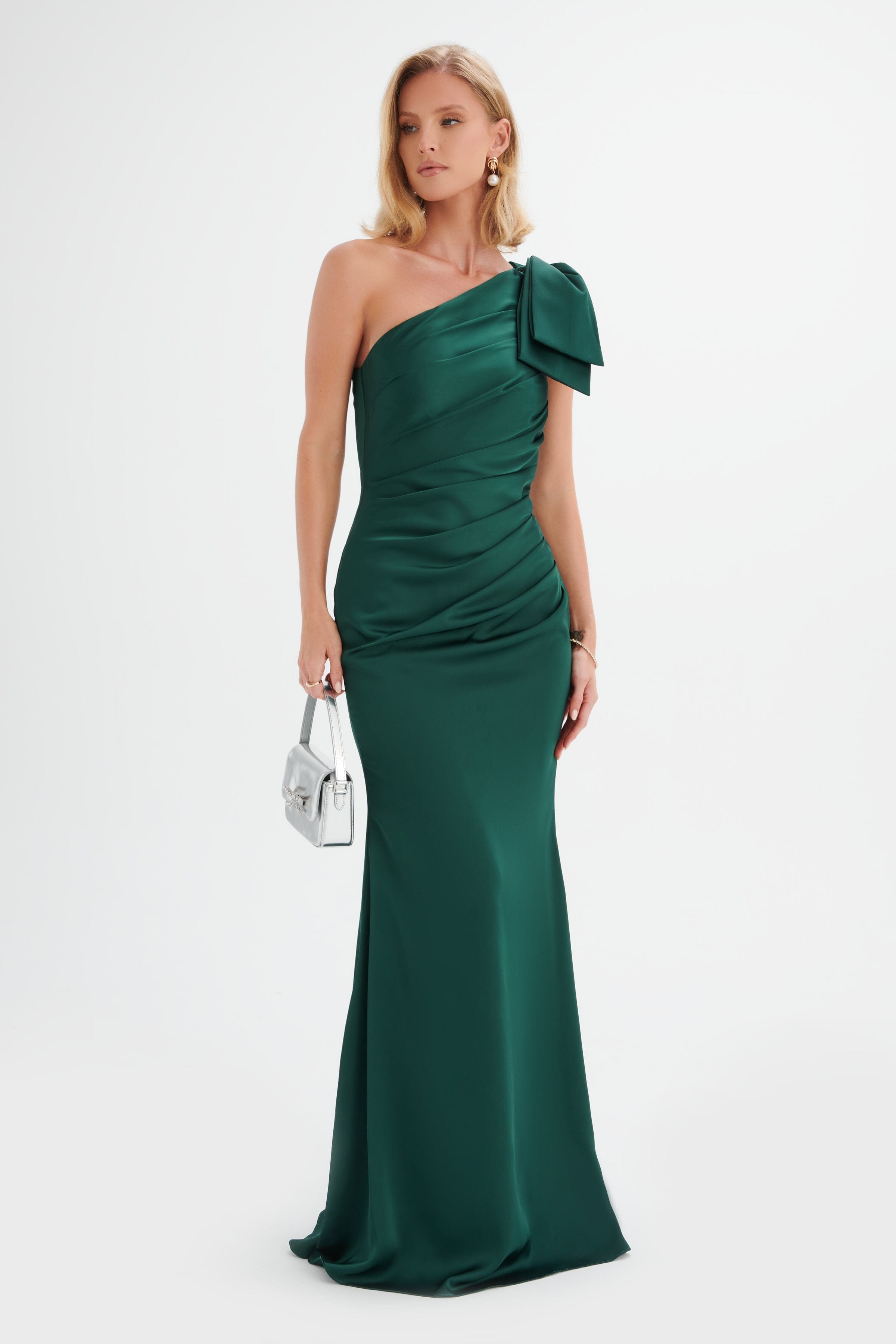 EMELIA One Shoulder Bow Pleated Maxi Dress in Emerald Green