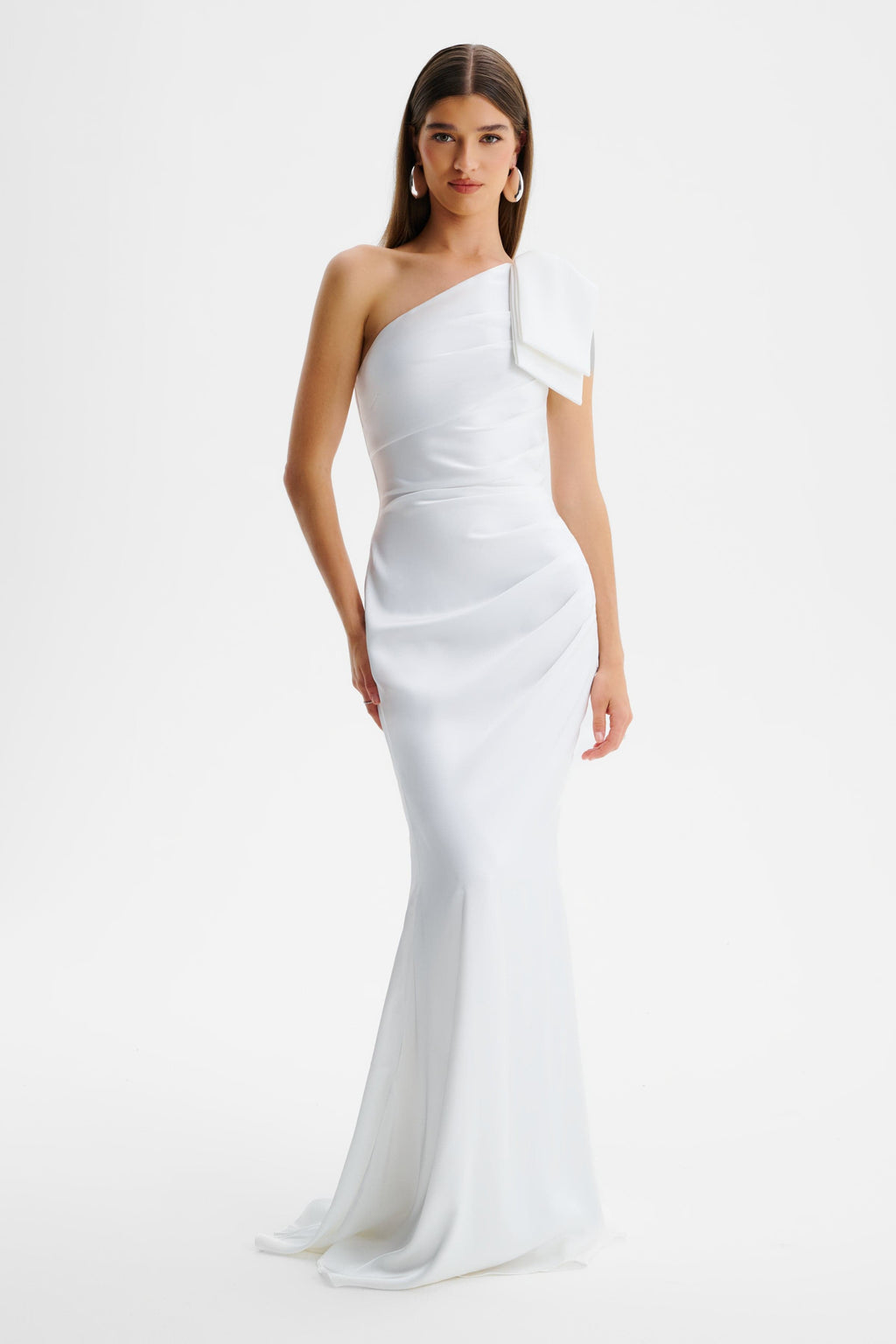 EMELIA One Shoulder Bow Pleated Maxi Dress