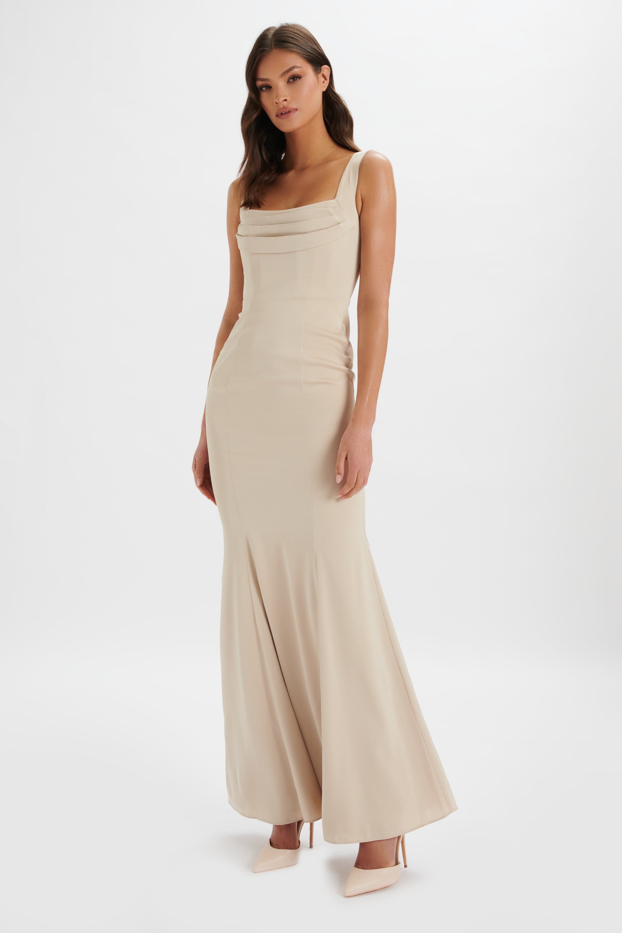 TARA Structured Satin Cowl Front Maxi Dress in Champagne