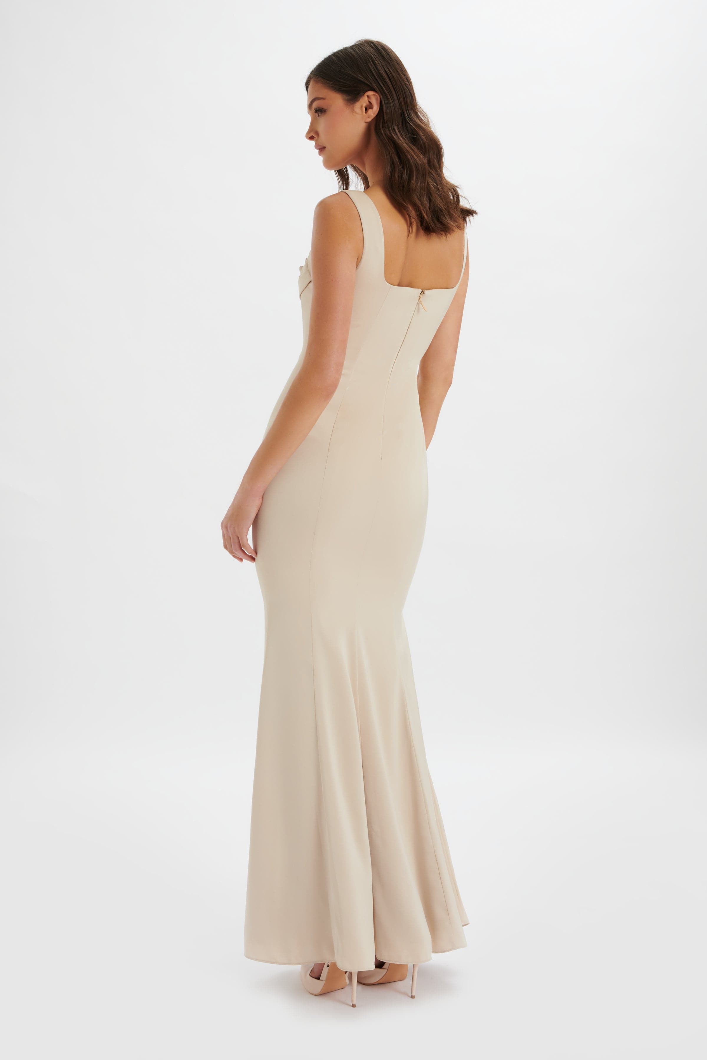 TARA Structured Satin Cowl Front Maxi Dress in Champagne