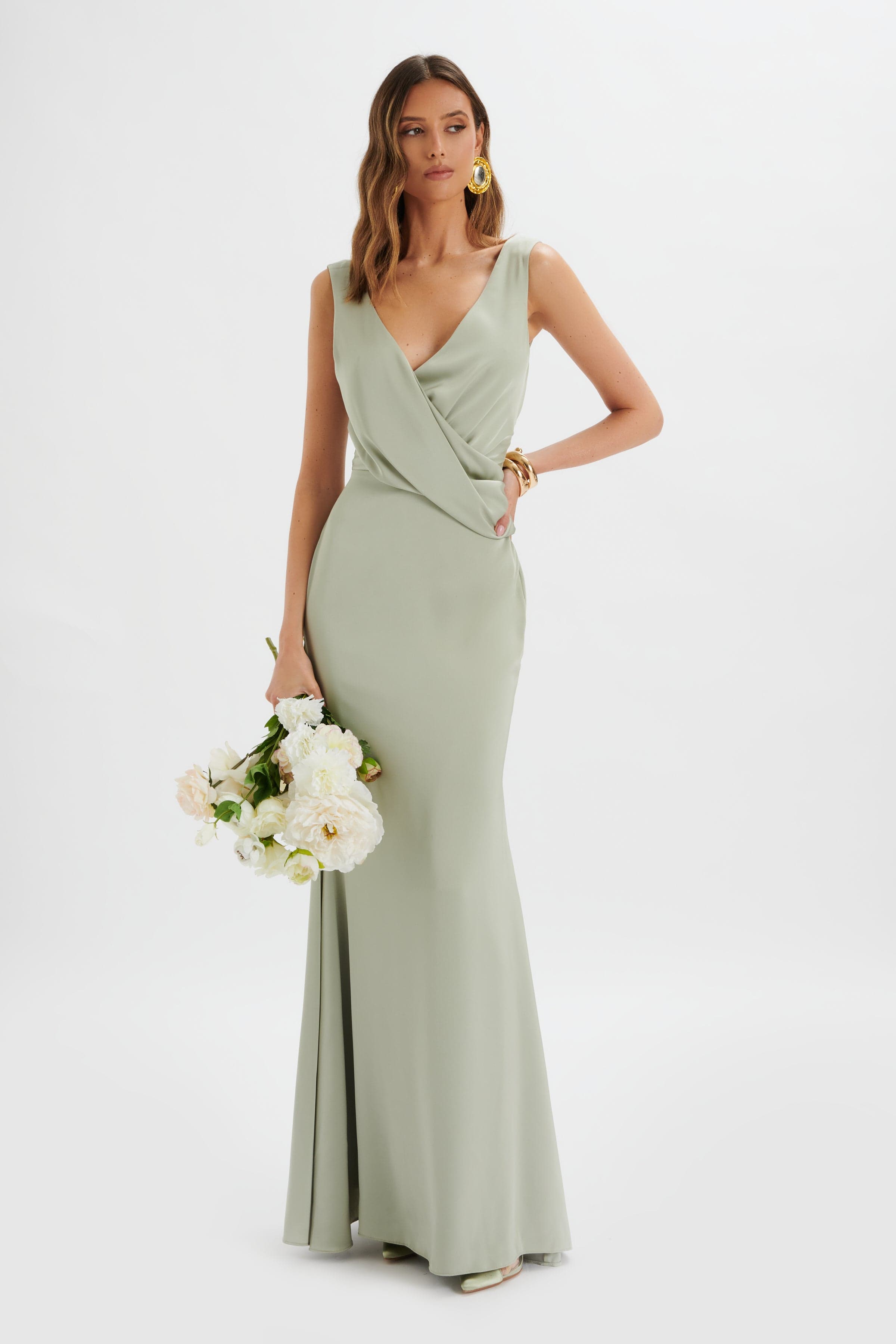 ELLE Draped Wrap Satin Maxi Dress in Sage Green