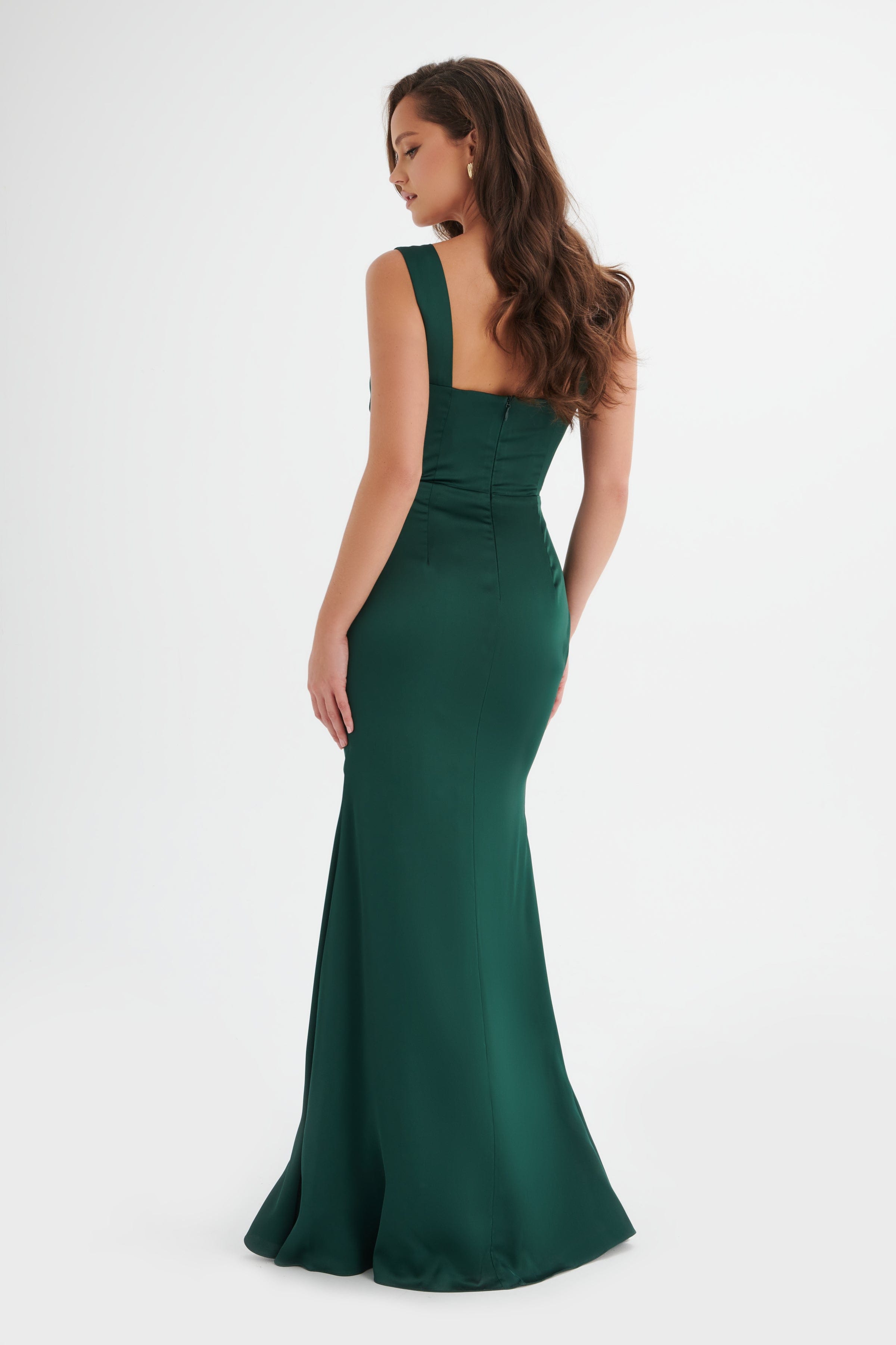 ELLE Draped Wrap Satin Maxi Dress in Emerald Green