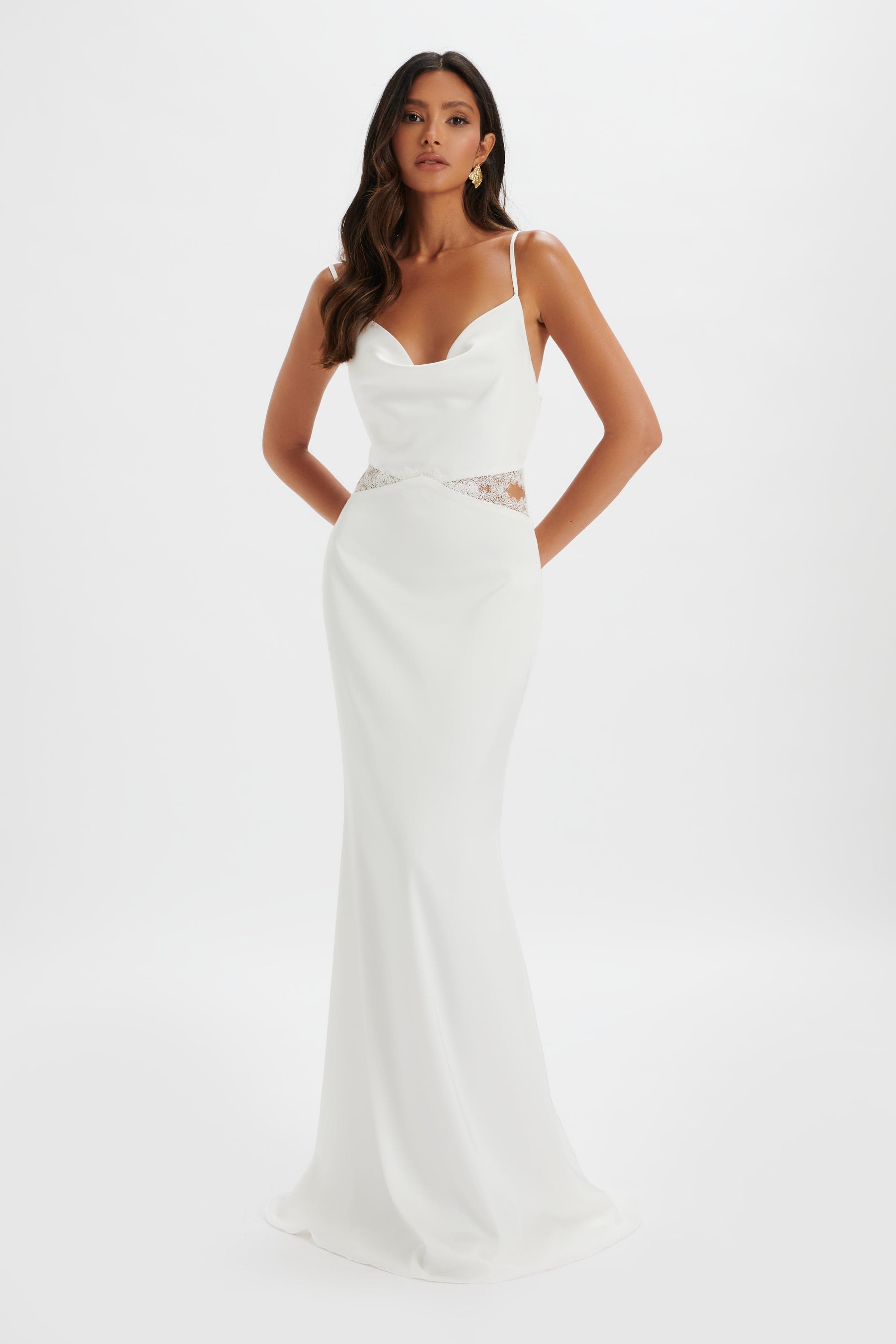 MAY Lace Insert Satin Maxi Dress in White