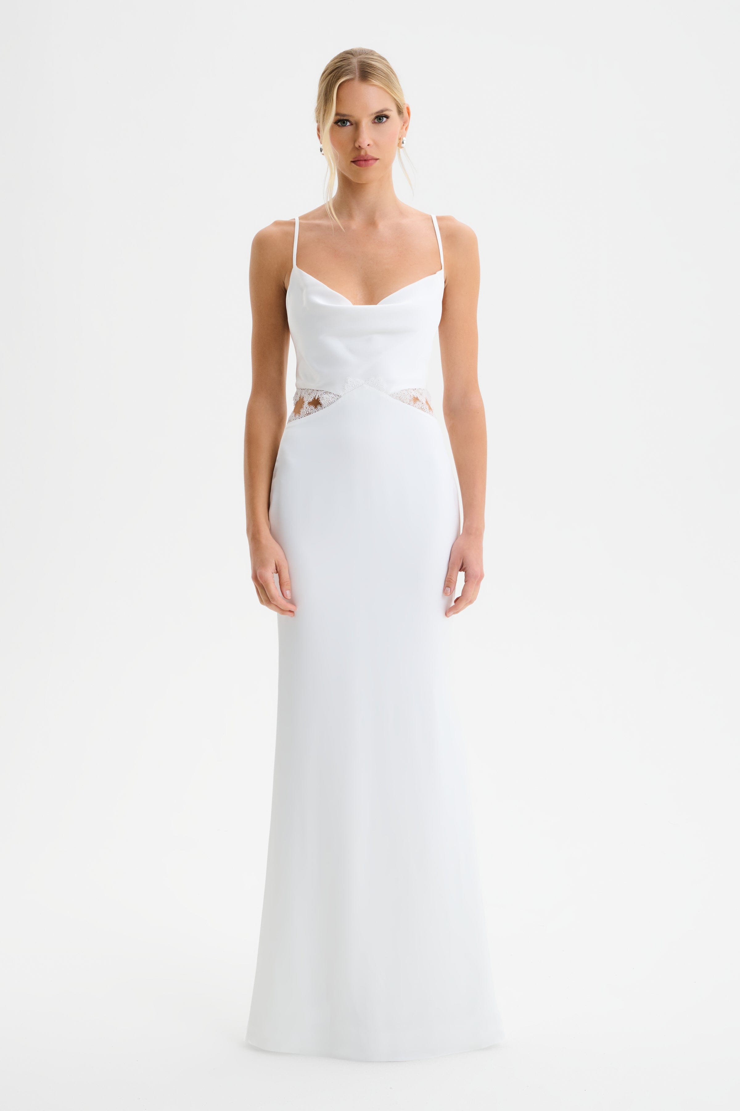 MAY Lace Insert Satin Maxi Dress in White