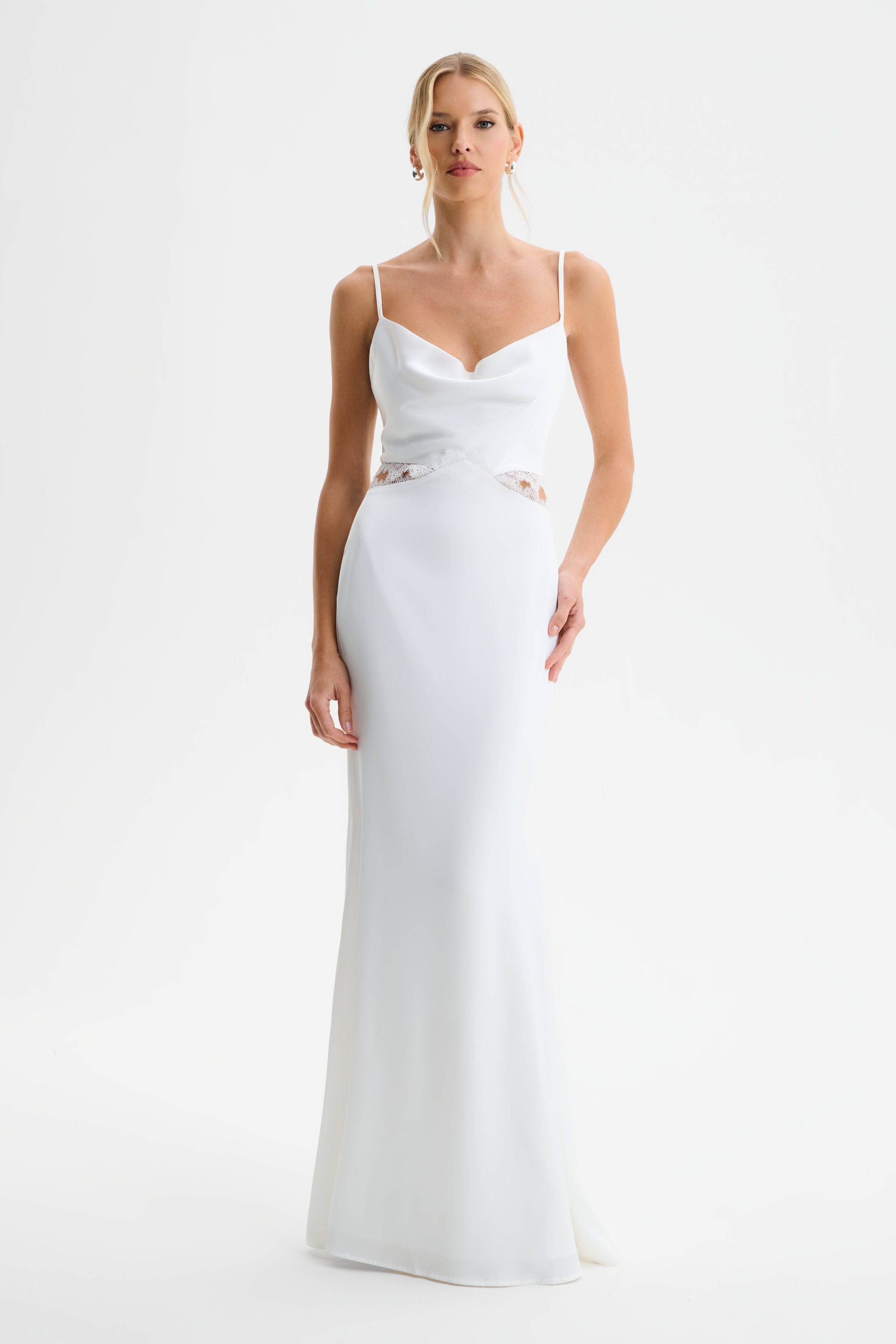 MAY Lace Insert Satin Maxi Dress in White