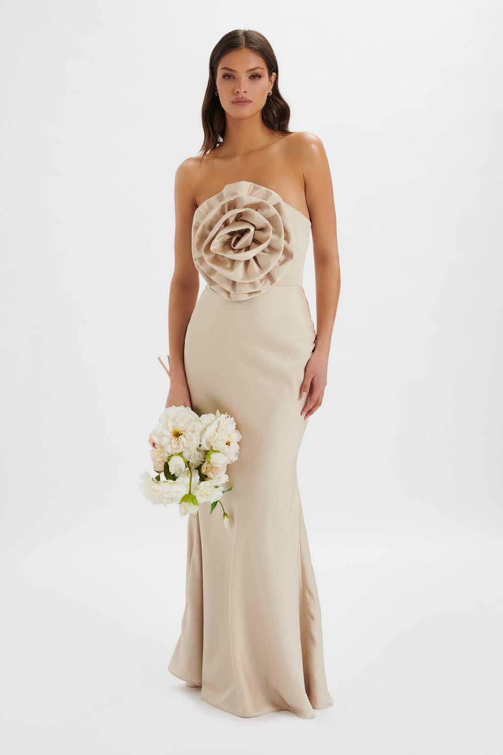 DALIA 3D Flower Bandeau Maxi Dress Champagne