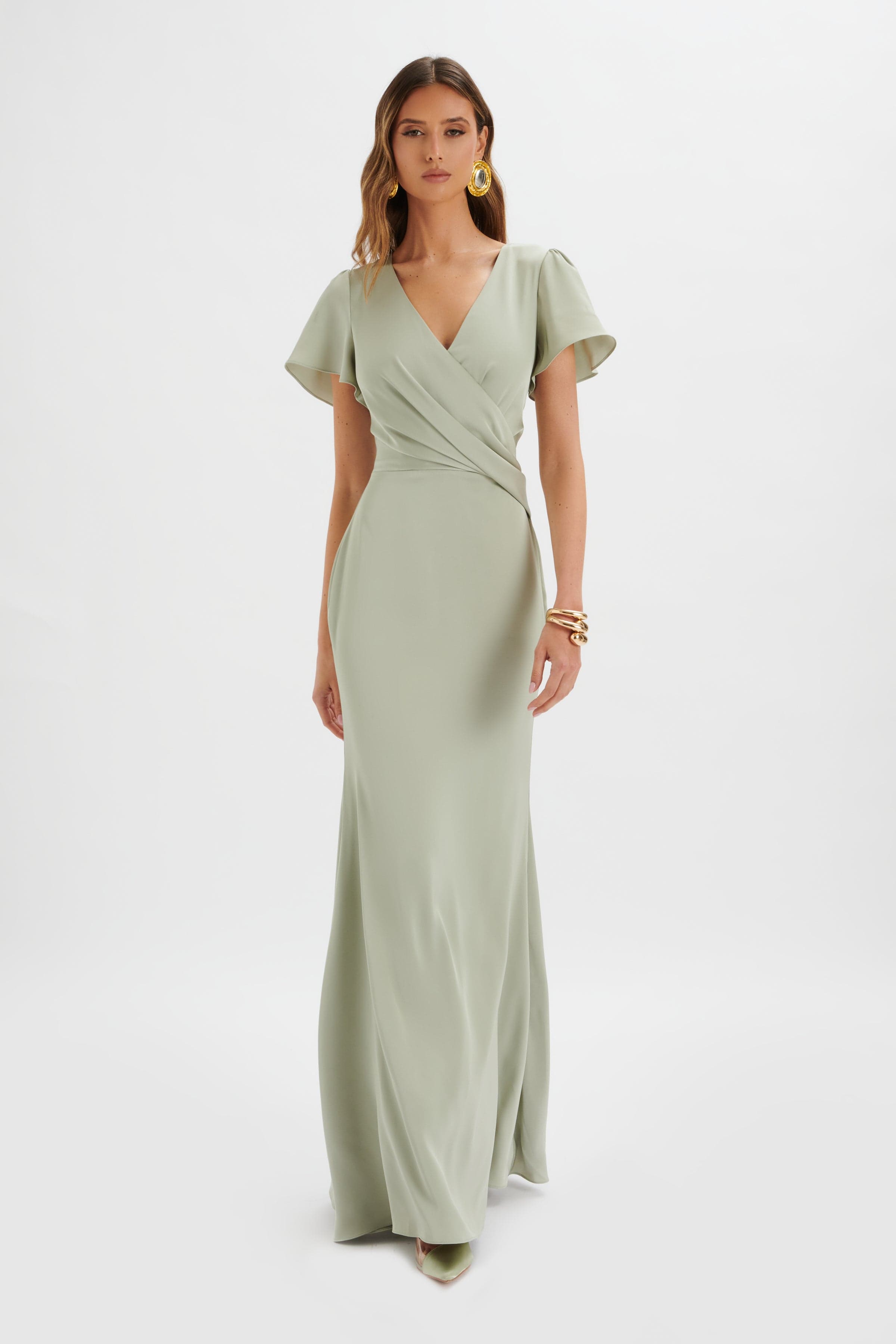 BEAU Draped Wrap Satin Maxi Dress with Sleeves in Sage Green