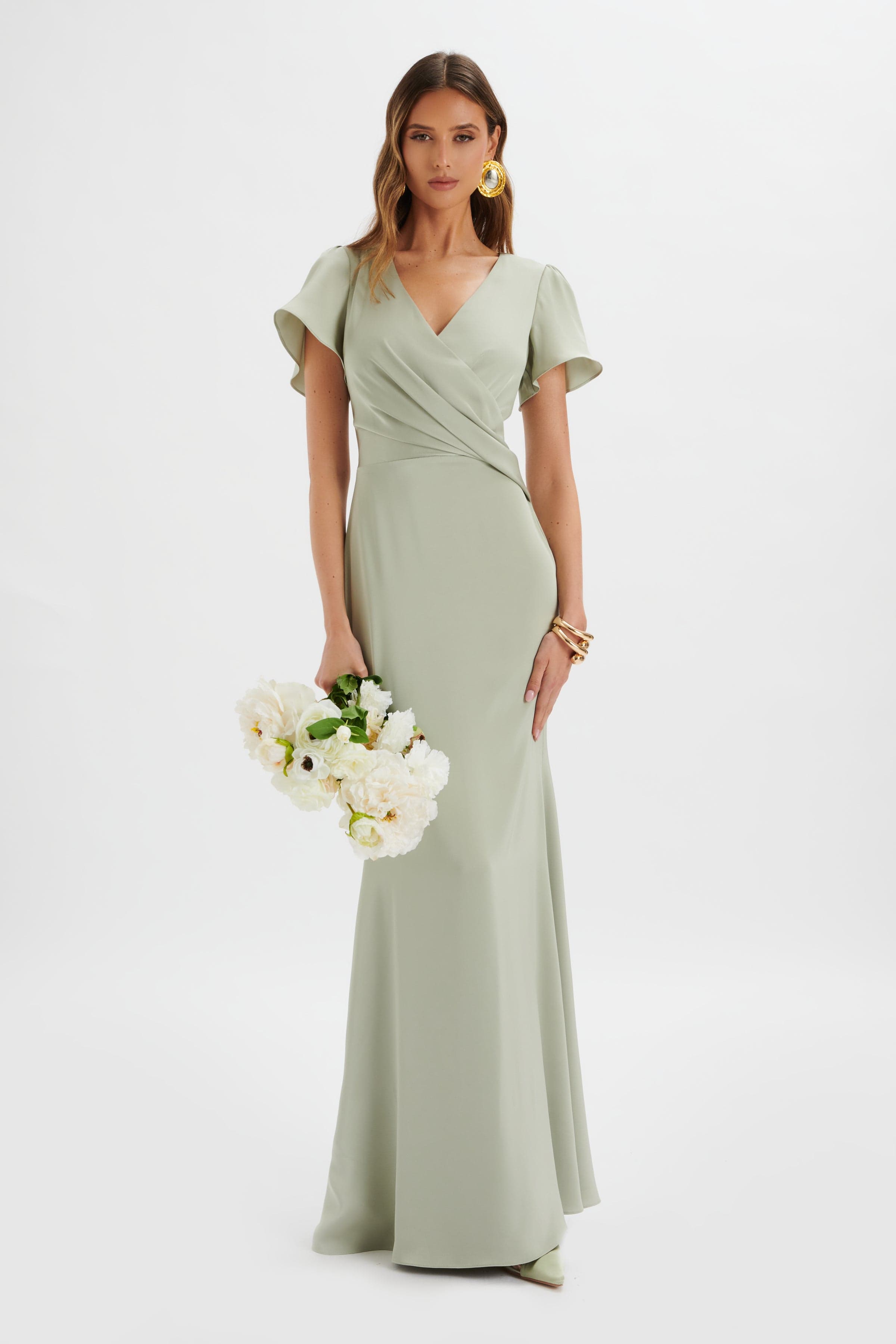 BEAU Draped Wrap Satin Maxi Dress with Sleeves in Sage Green