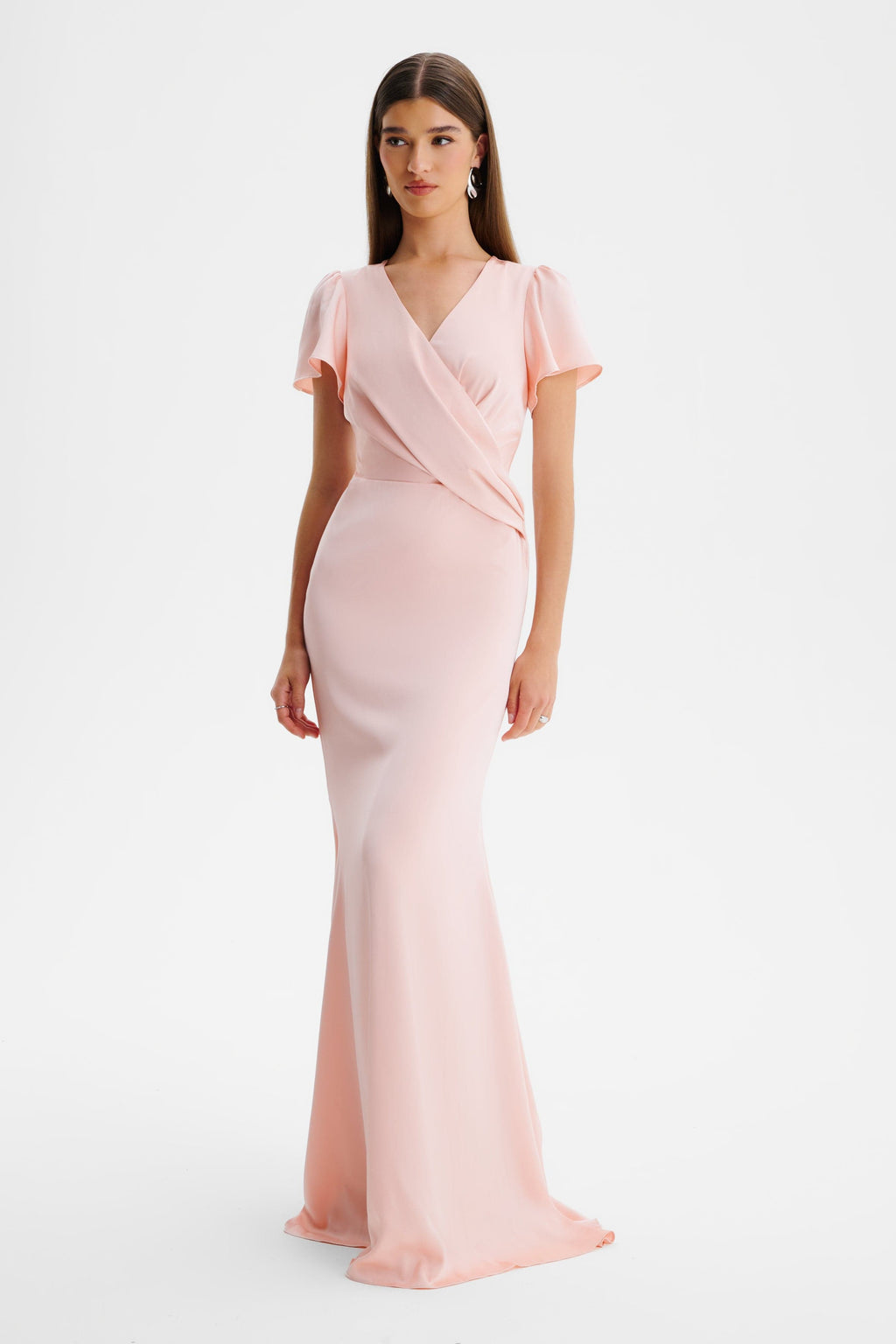 BEAU Draped Wrap Satin Maxi Dress Sleeves