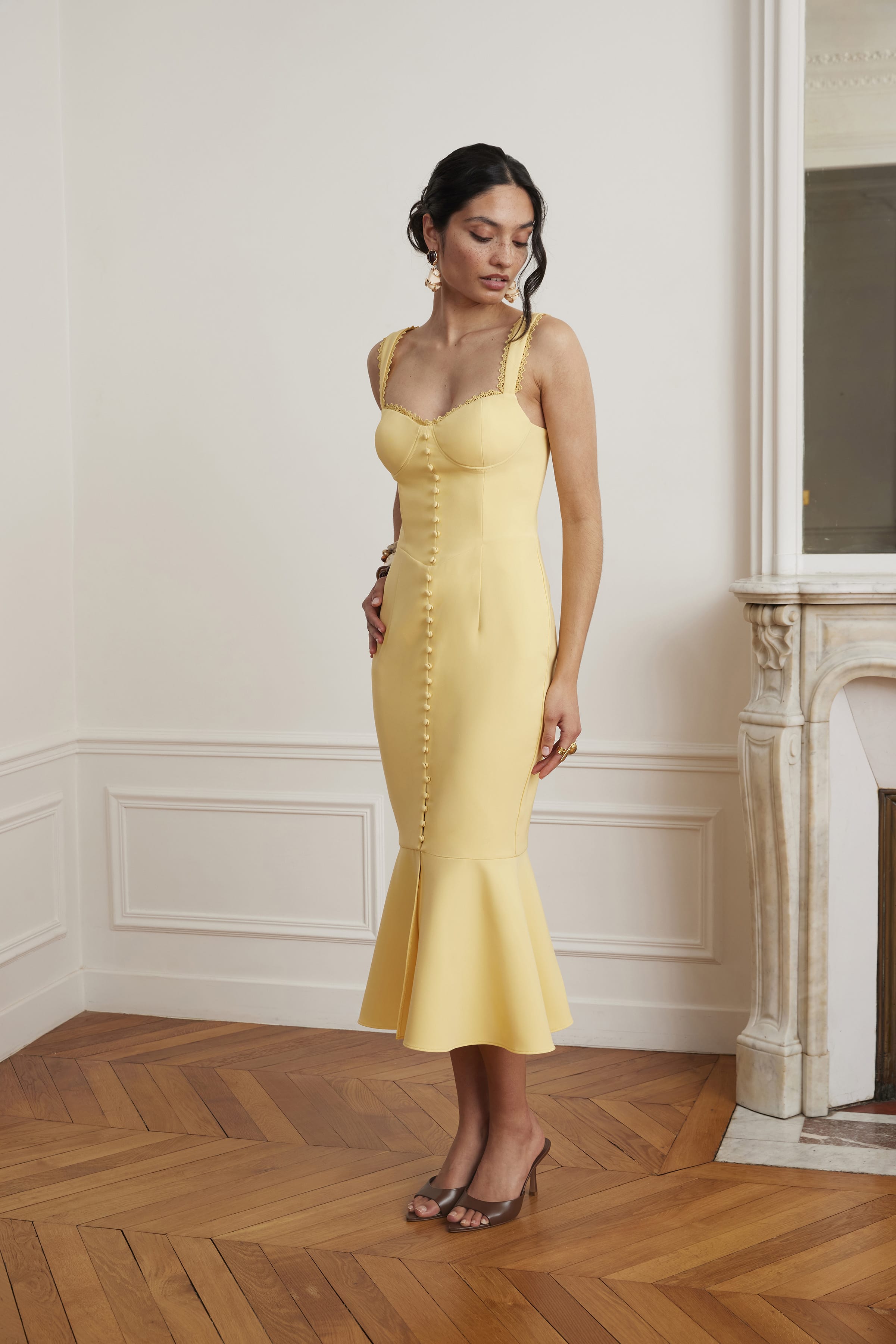 PEYTON Lace Trim Fishtail Midi Dress In Yellow