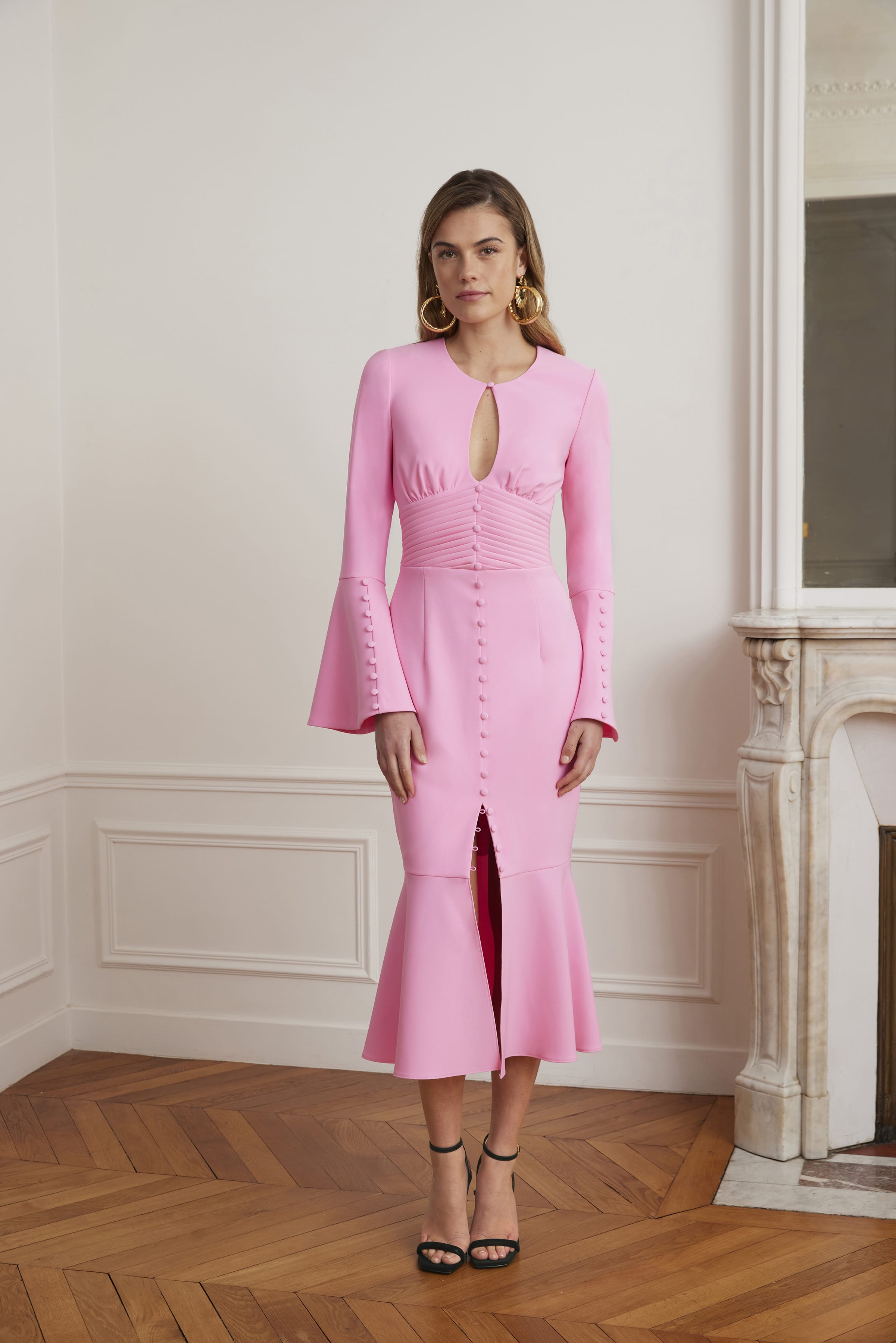 midi long sleeve pink dress ROXIE Keyhole Micro Button Detail Midi Dress In Pink
