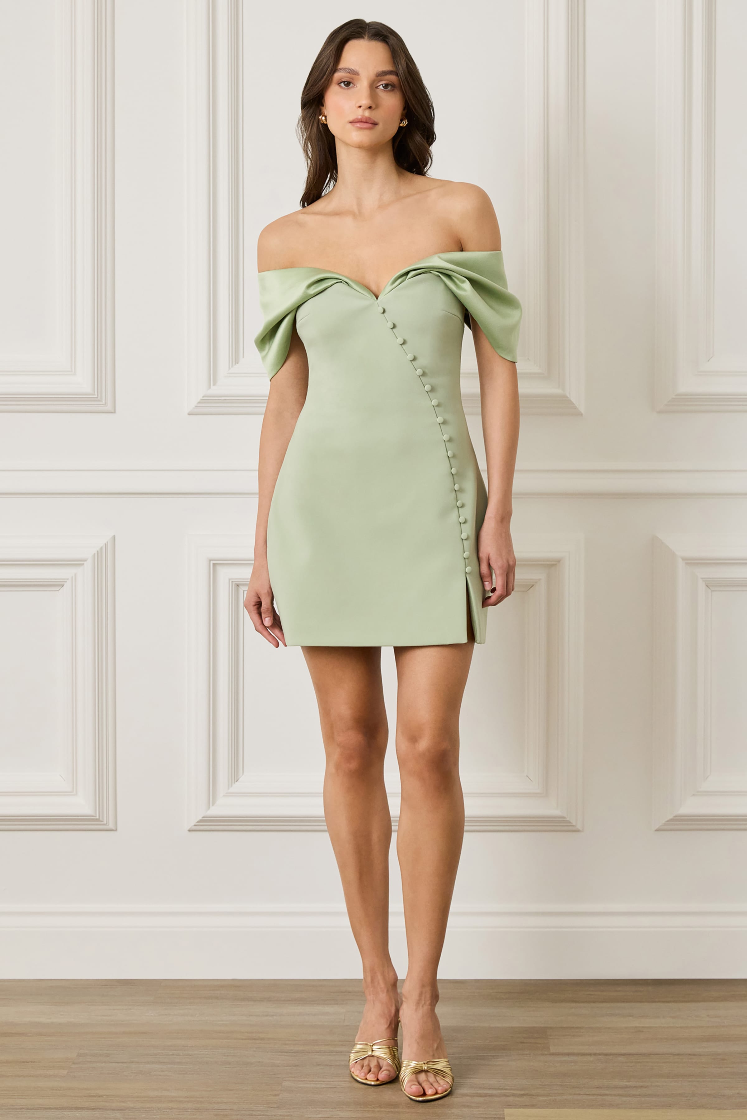 odessa mini dress ODESSA Satin Contrast Off Shoulder Mini Tulip Dress in Sage Green