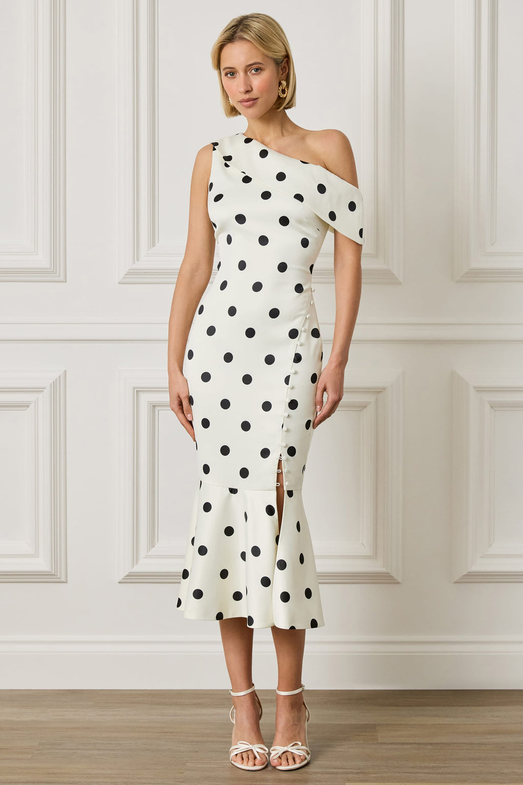ELBA One Shoulder Satin Fluted Midi Dress In Polka Dot Print