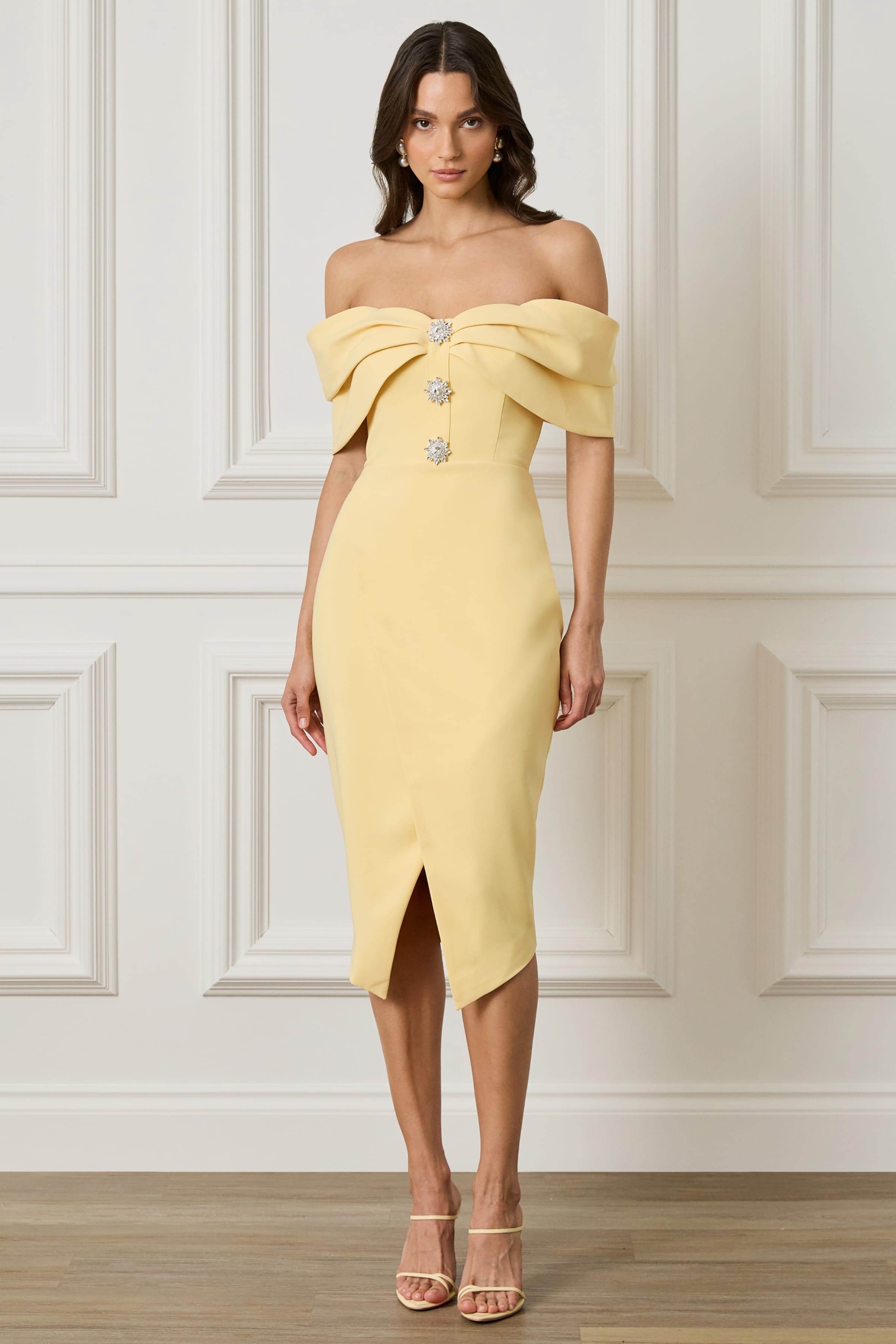 wrap dress off shoulder ELYSE Off Shoulder Embellished Wrap Dress in Yellow