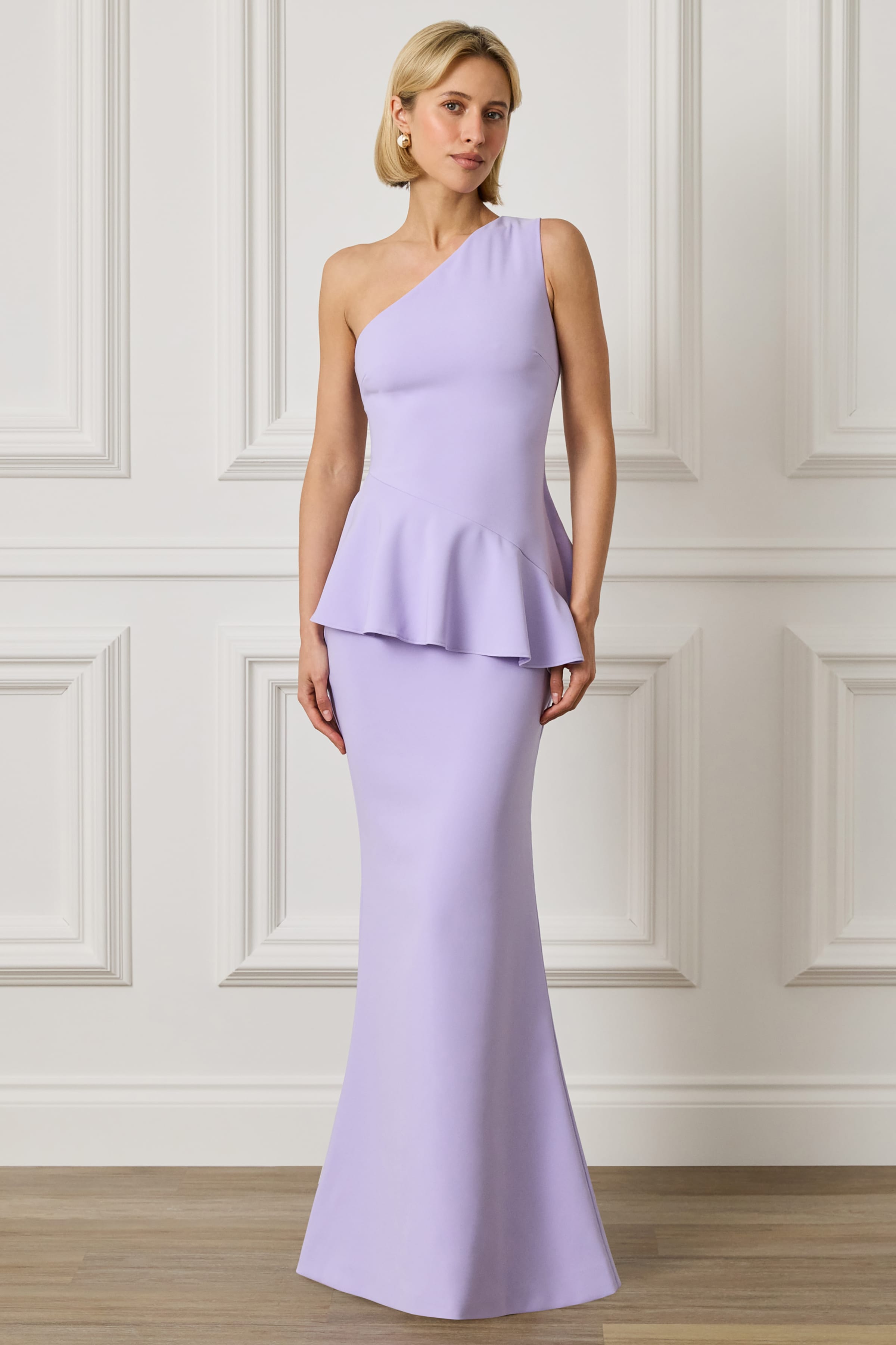 erica maxi dress ERICA One Shoulder Maxi Dress With Statement Ruffle In Lilac