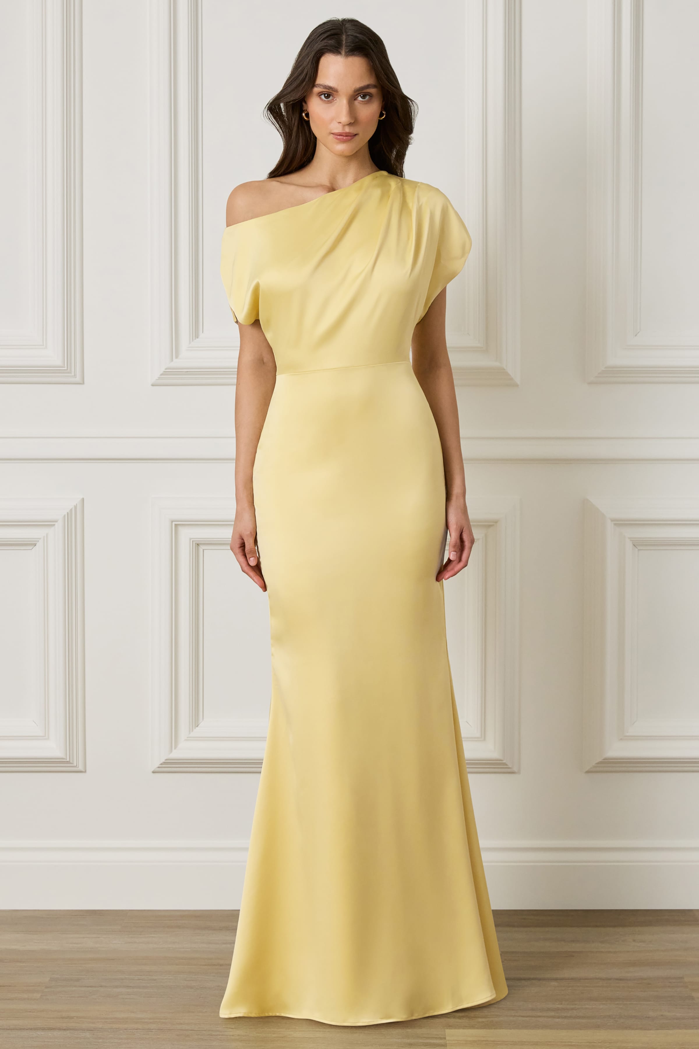 yellow maxi dress with split TRINITY Asymmetric Dropped Shoulder Split Sleeve Satin Maxi Dress in Y