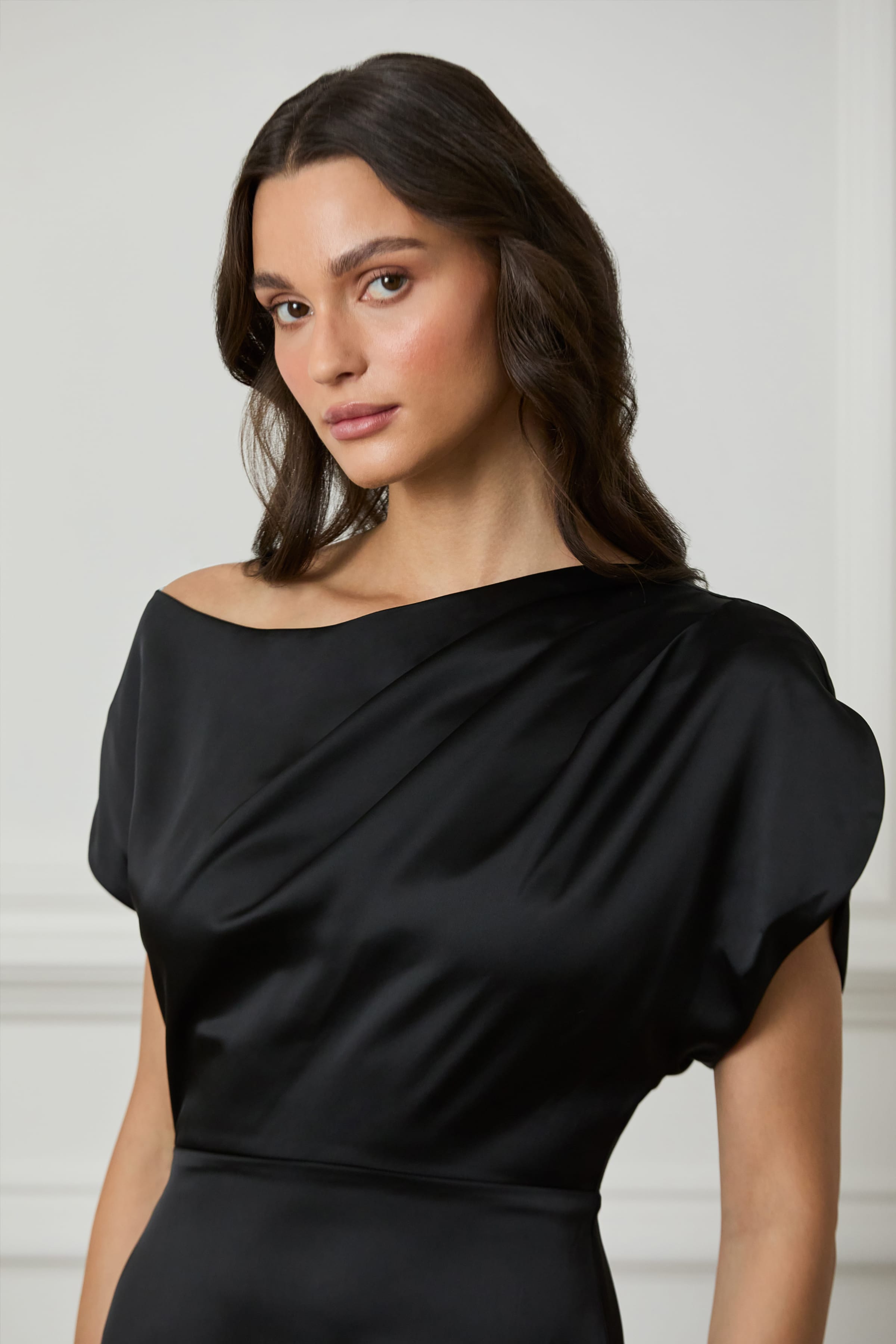 black satin maxi dress with split TRINITY Asymmetric Dropped Shoulder Split Sleeve Satin Maxi Dress in B