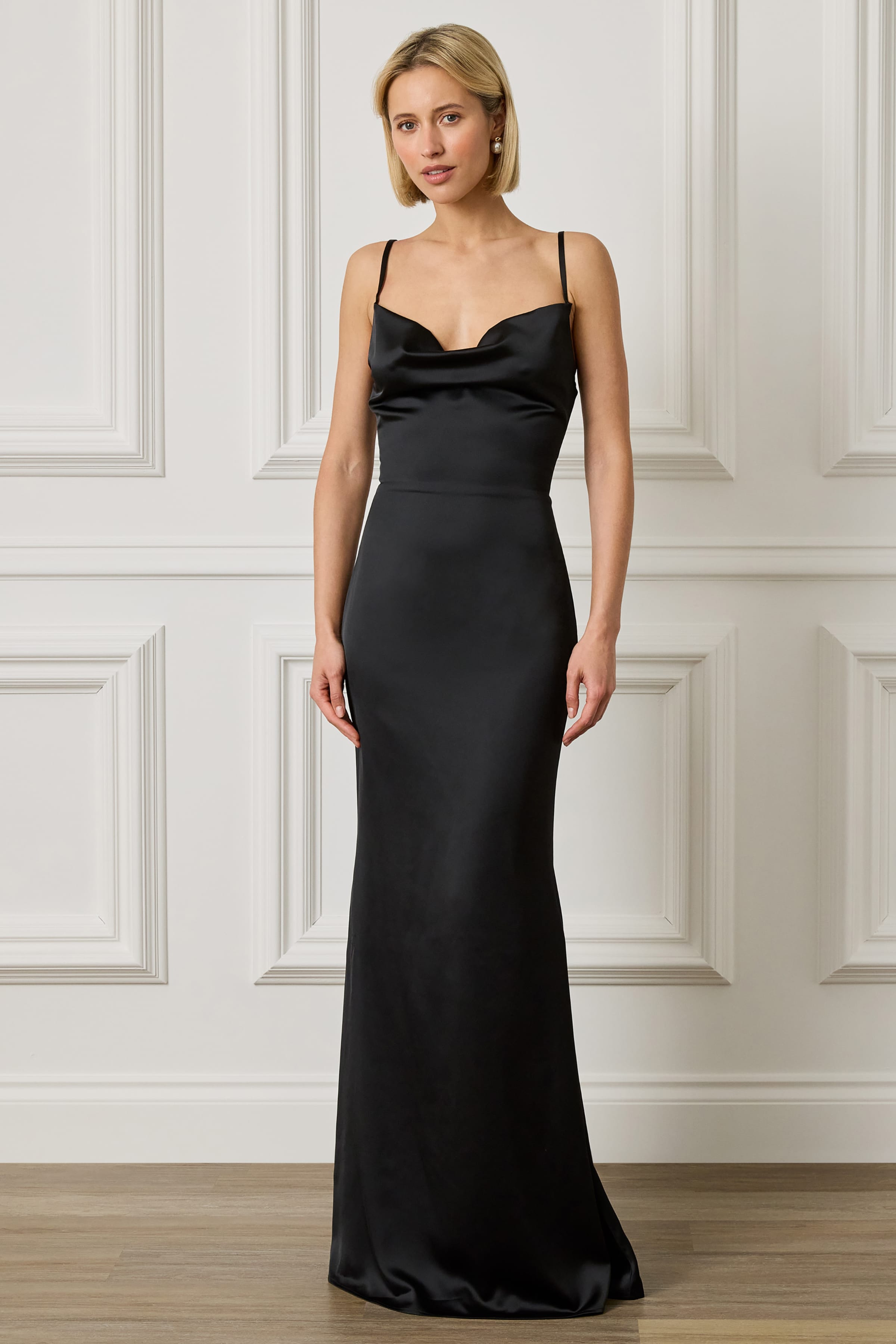 lavish alice maxi dress PENNY Satin Cowl Neck Scoop Back Maxi Dress in Black
