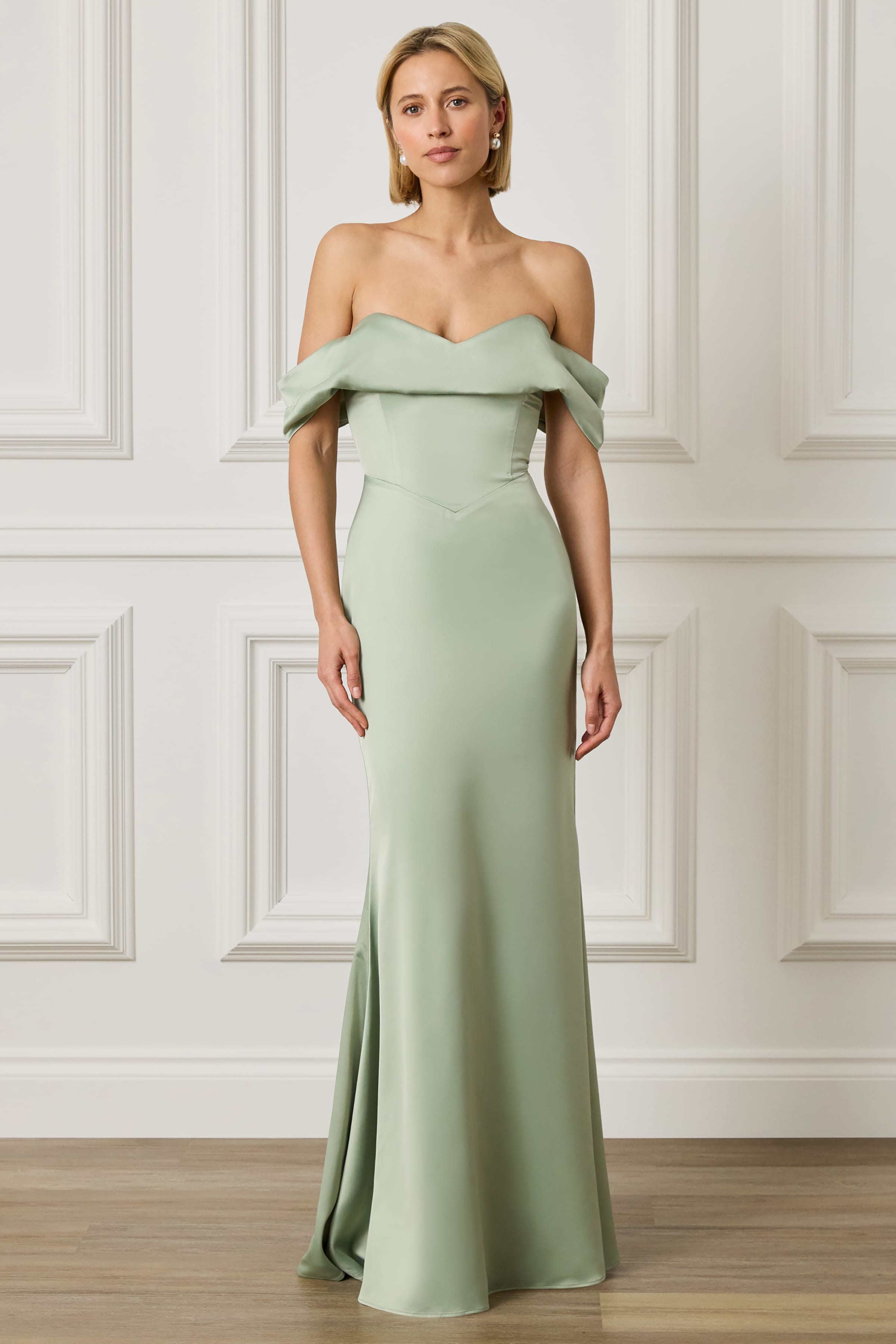 green bardot maxi dress RAYNE Satin Drape Bardot Maxi Dress in Sage Green