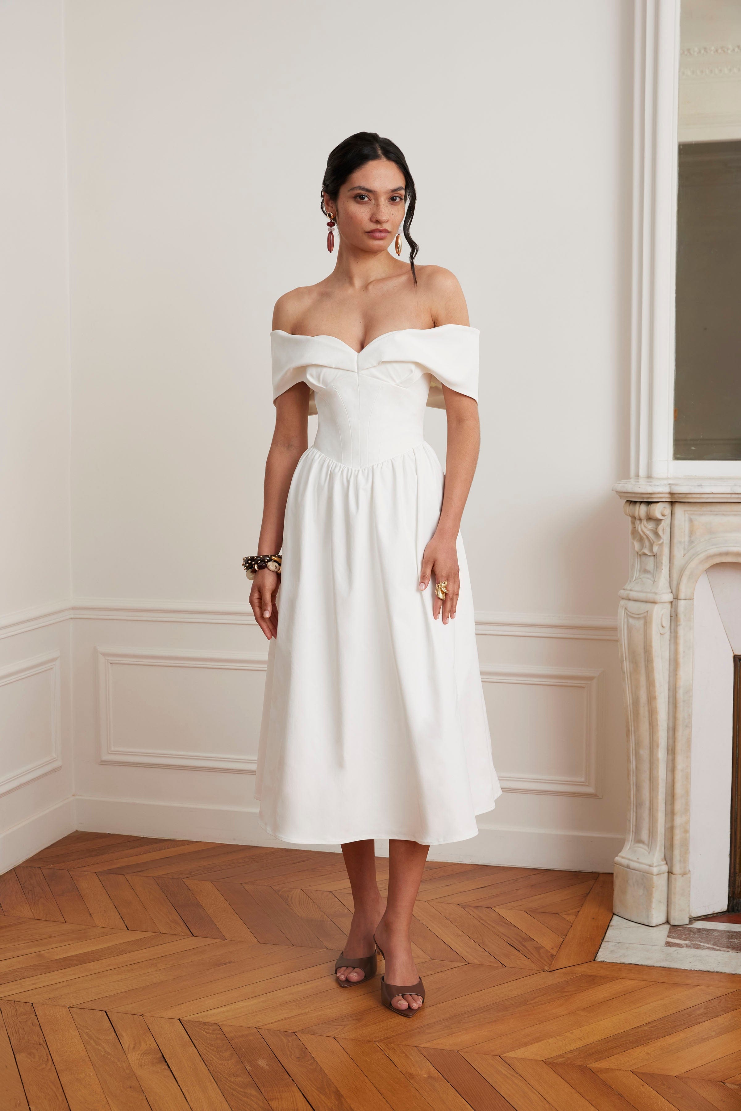 ROSALIND Pleated Off Shoulder Corset Sundress In White ROSALIND Pleated Off Shoulder Corset Sundress In White