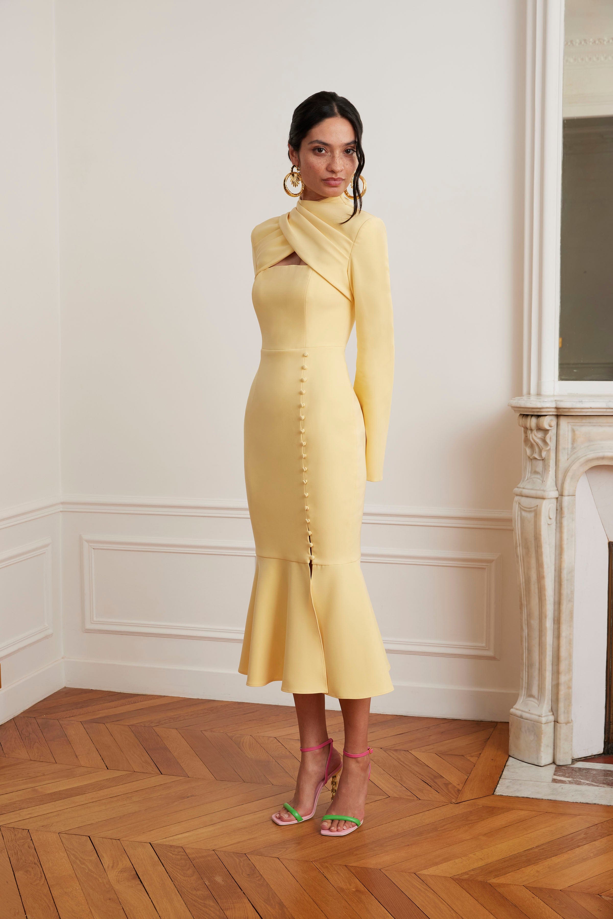 fluted midi dress KIMORA Cross Over High Neck Fluted Midi Dress In Yellow
