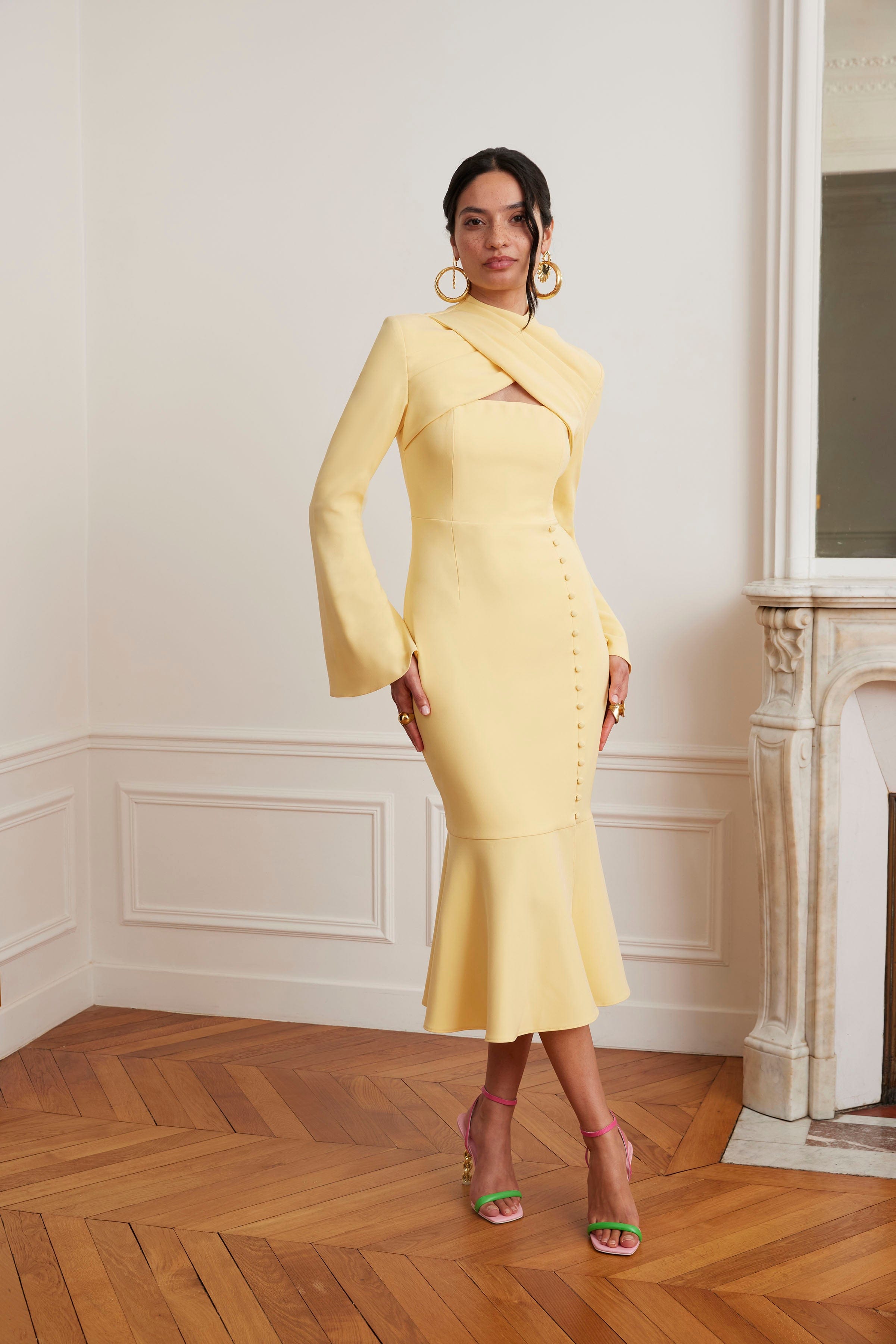 lavisha midi dress KIMORA Cross Over High Neck Fluted Midi Dress In Yellow