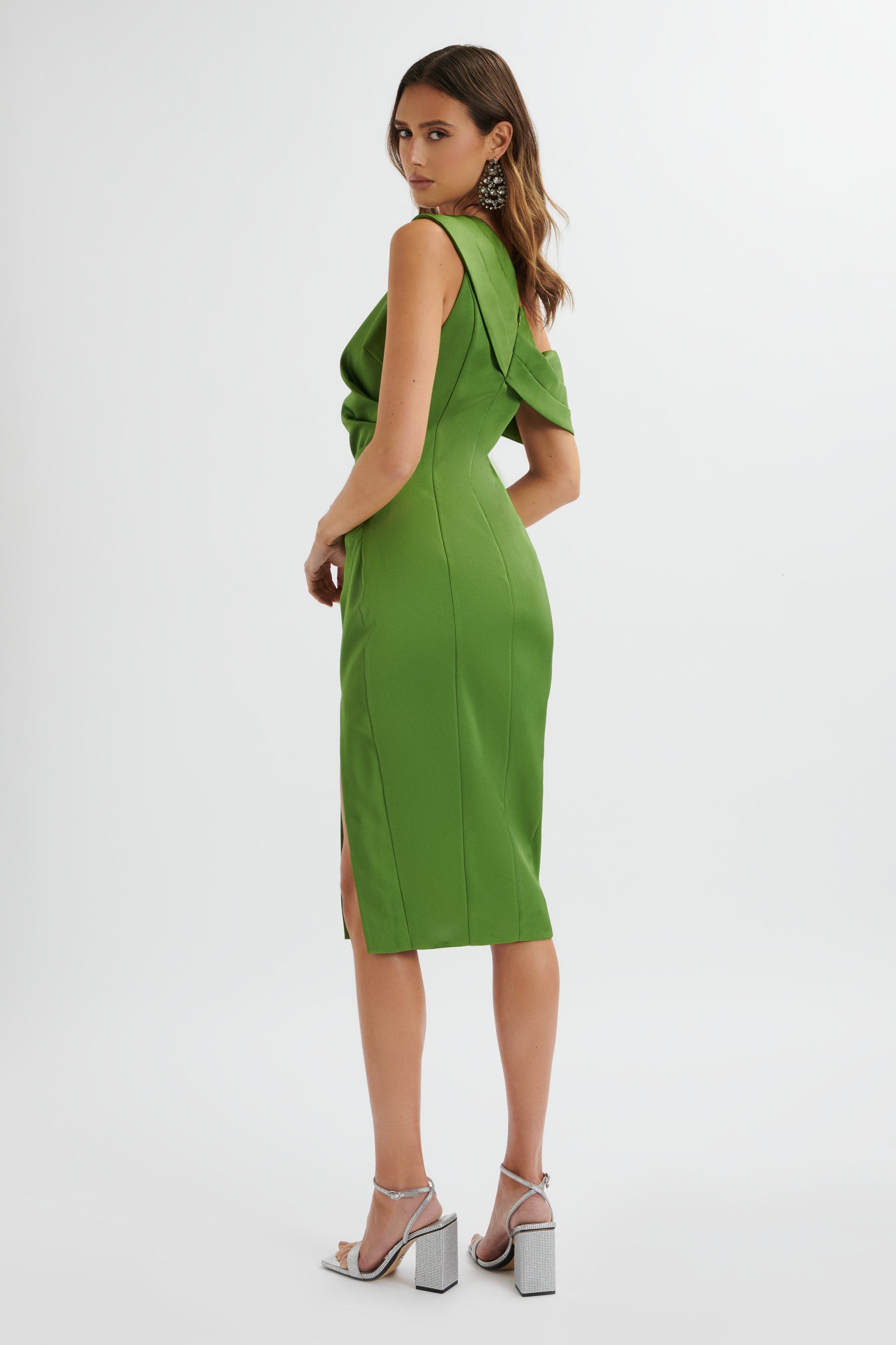 AUTUMN Pleated One Shoulder Bonded Satin Midi Dress In Green