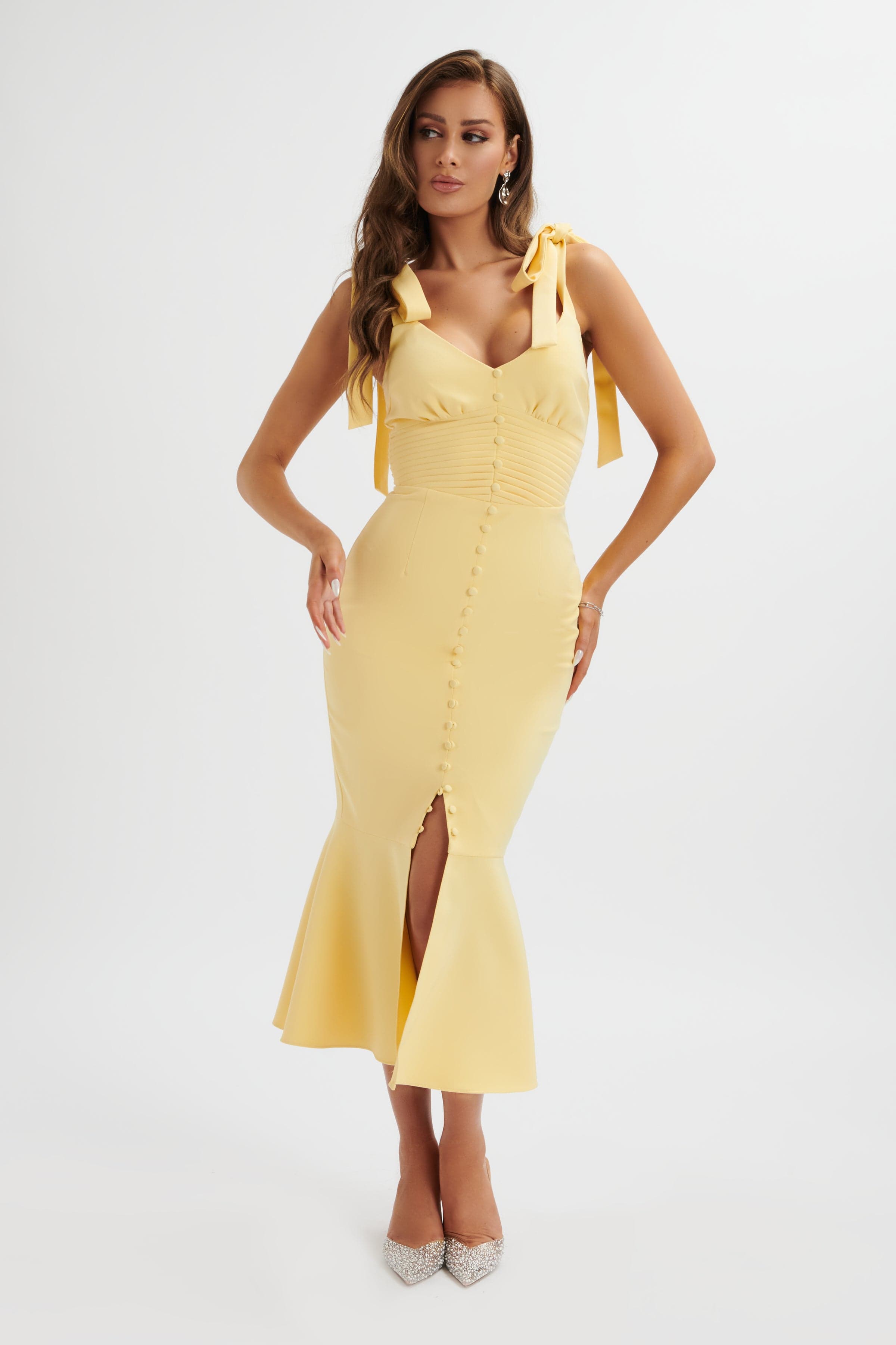 KAMILA Tie Strap Micro Button Longline Midi Dress In Pastel Yellow