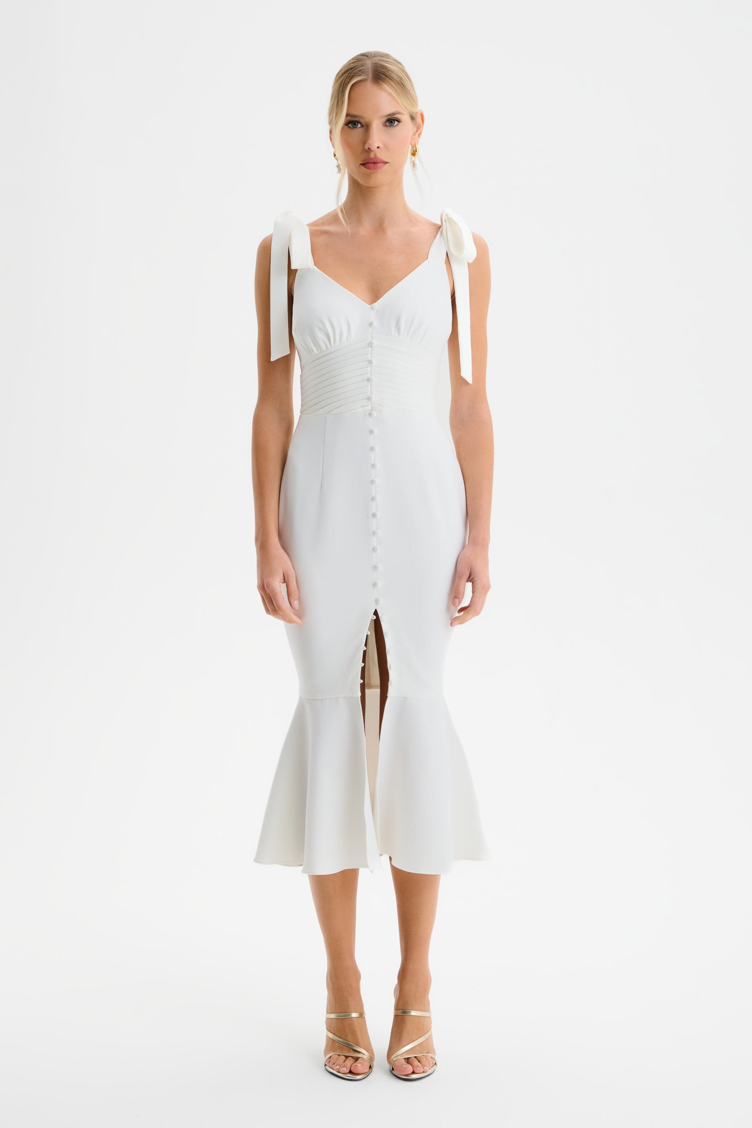 KAMILA Tie Strap Micro Shell Button Midi Dress in White