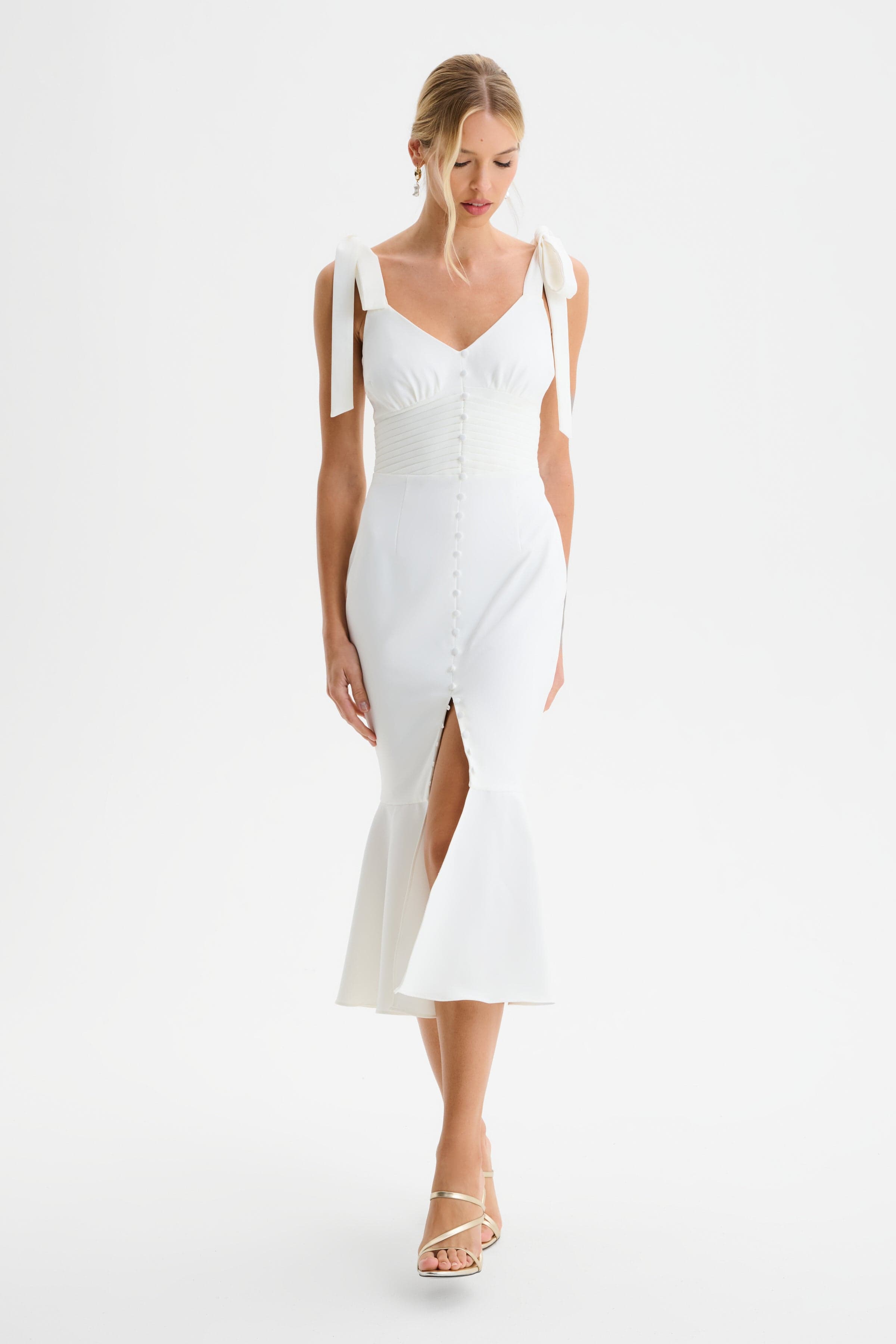 KAMILA Tie Strap Micro Shell Button Midi Dress in White