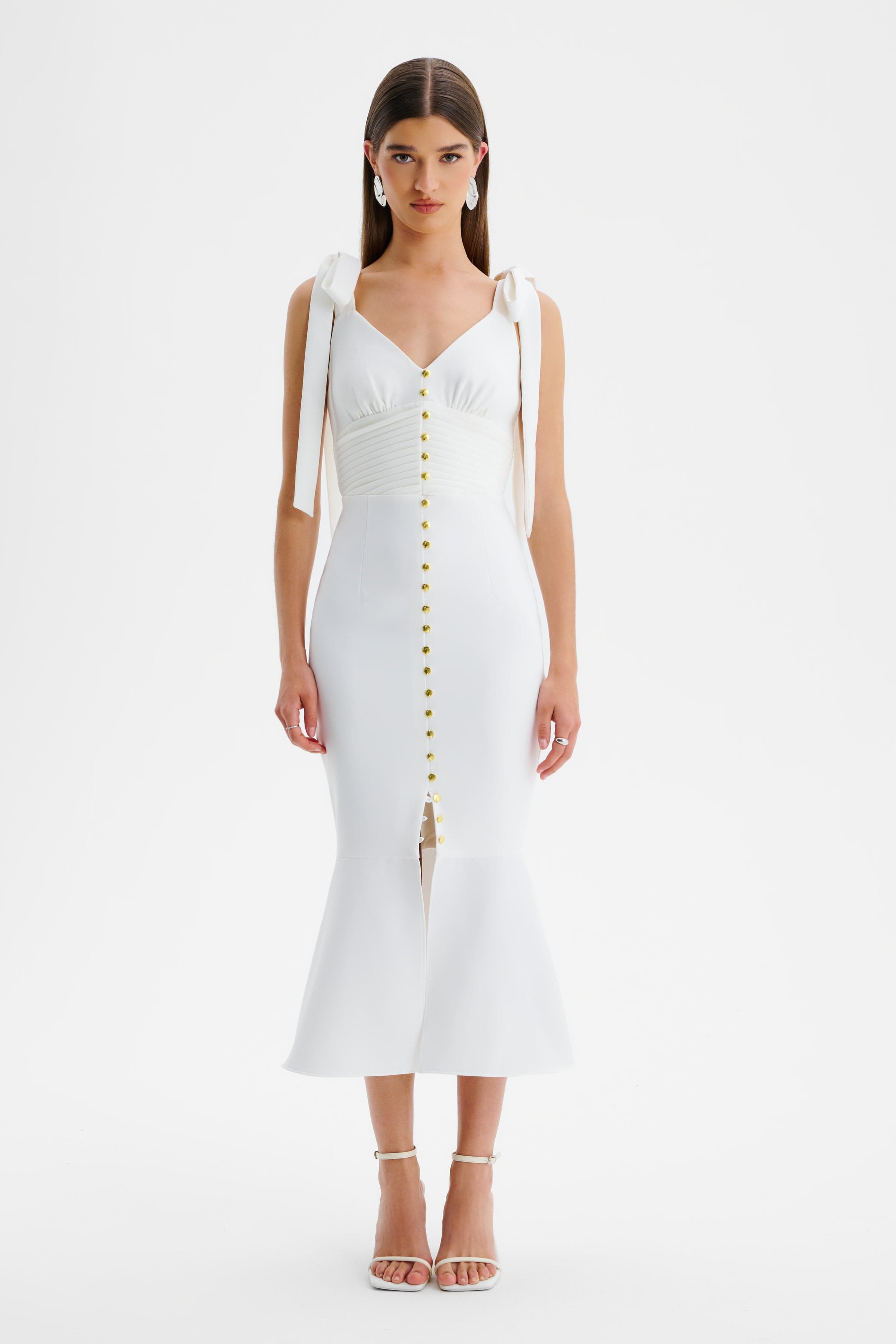 KAMILA Tie Strap Micro Shell Button Midi Dress in White