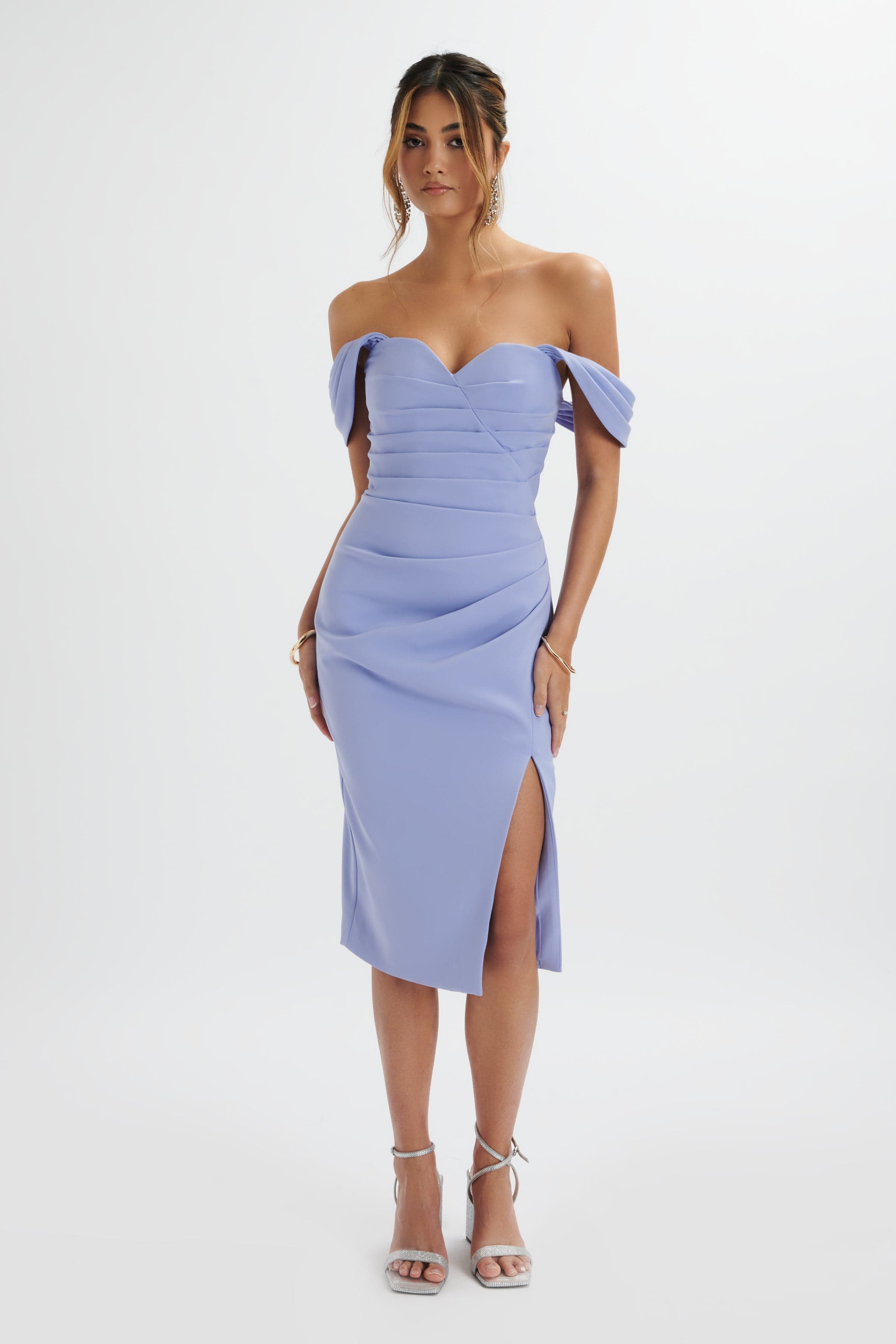 JULIA Pleated Bardot Midi Dress In Cornflower Blue