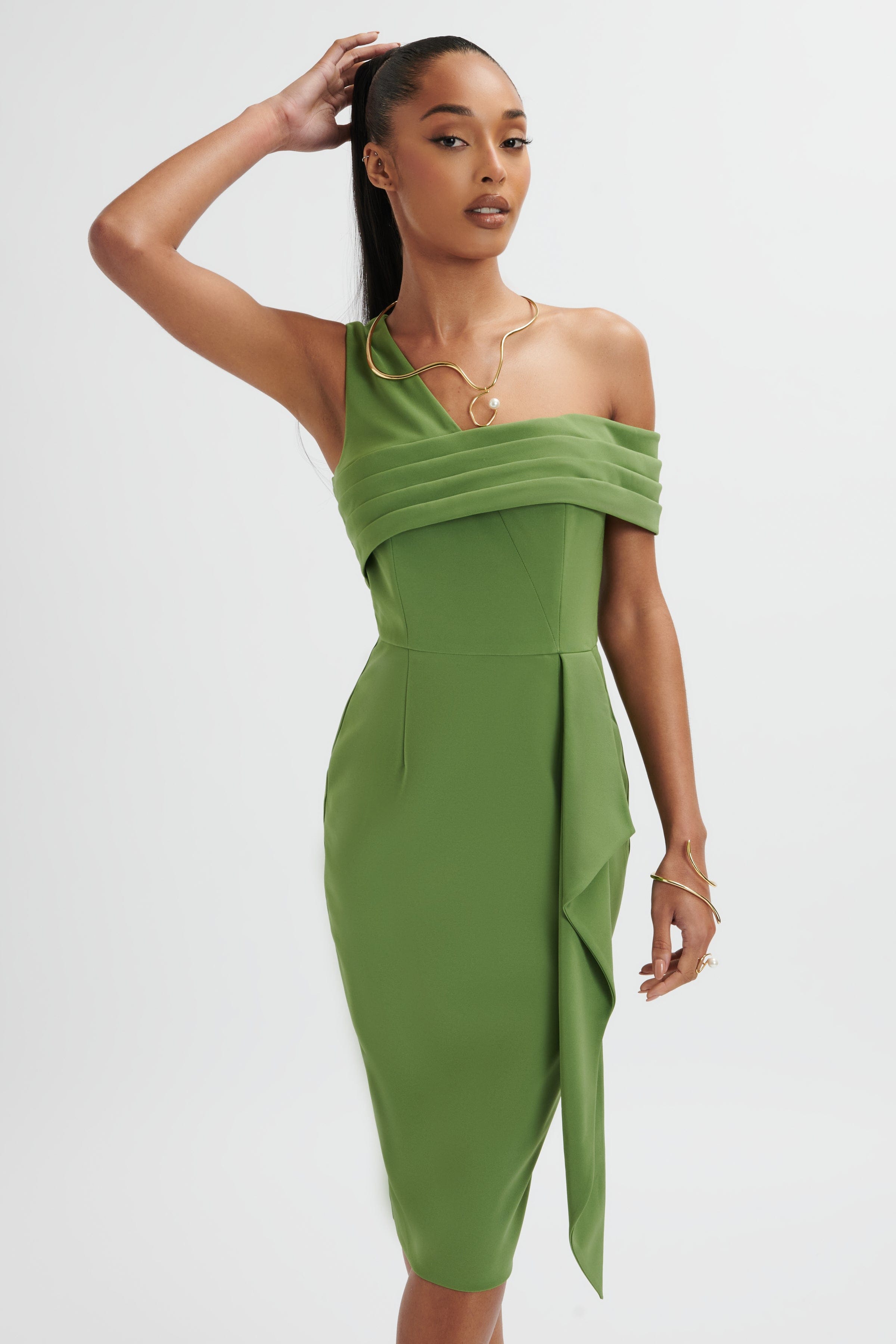 HANNAH Pleated Asymmetric Off Shoulder Midi Dress In Green