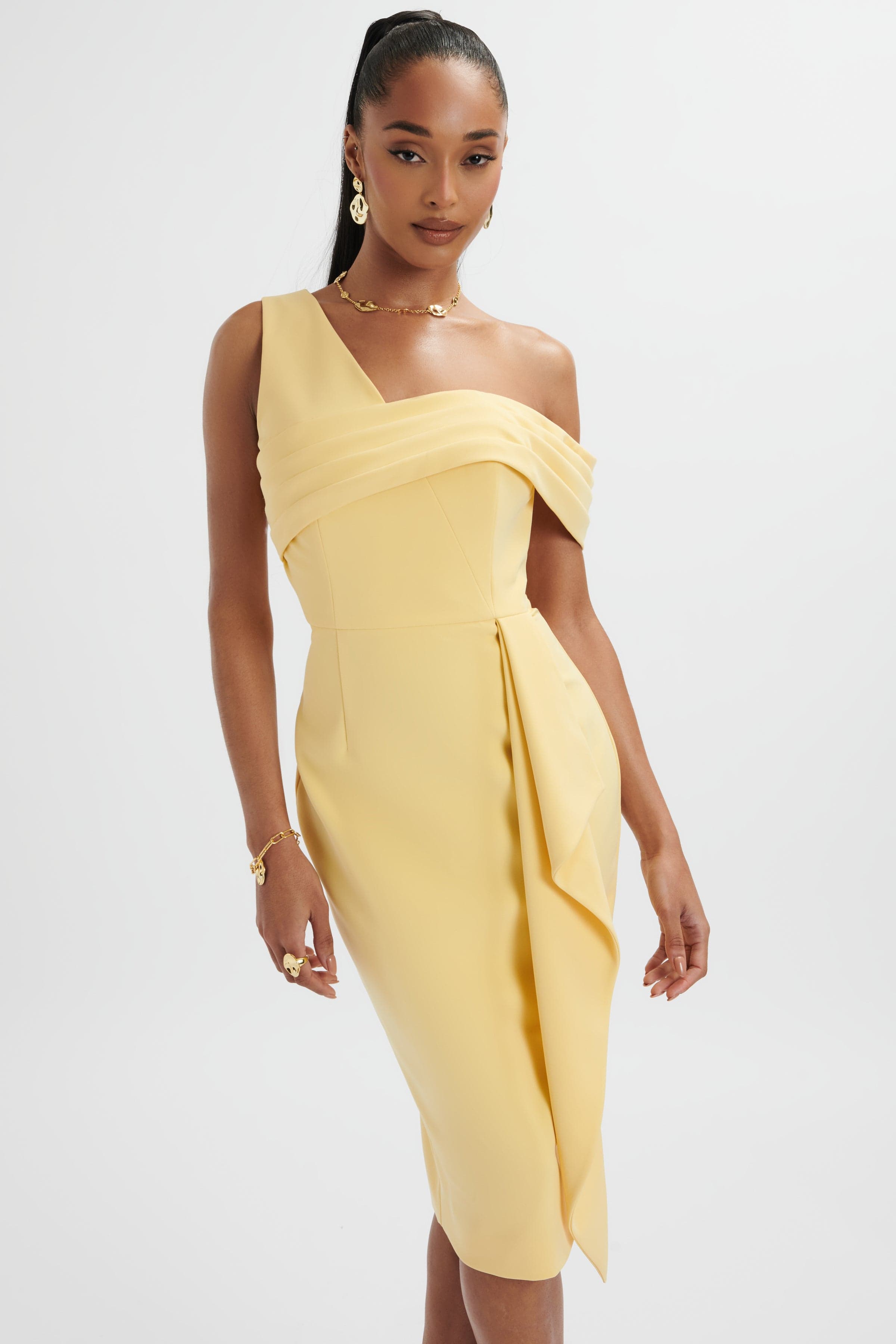 HANNAH Pleated Asymmetric Off Shoulder Midi Dress In Pastel Yellow